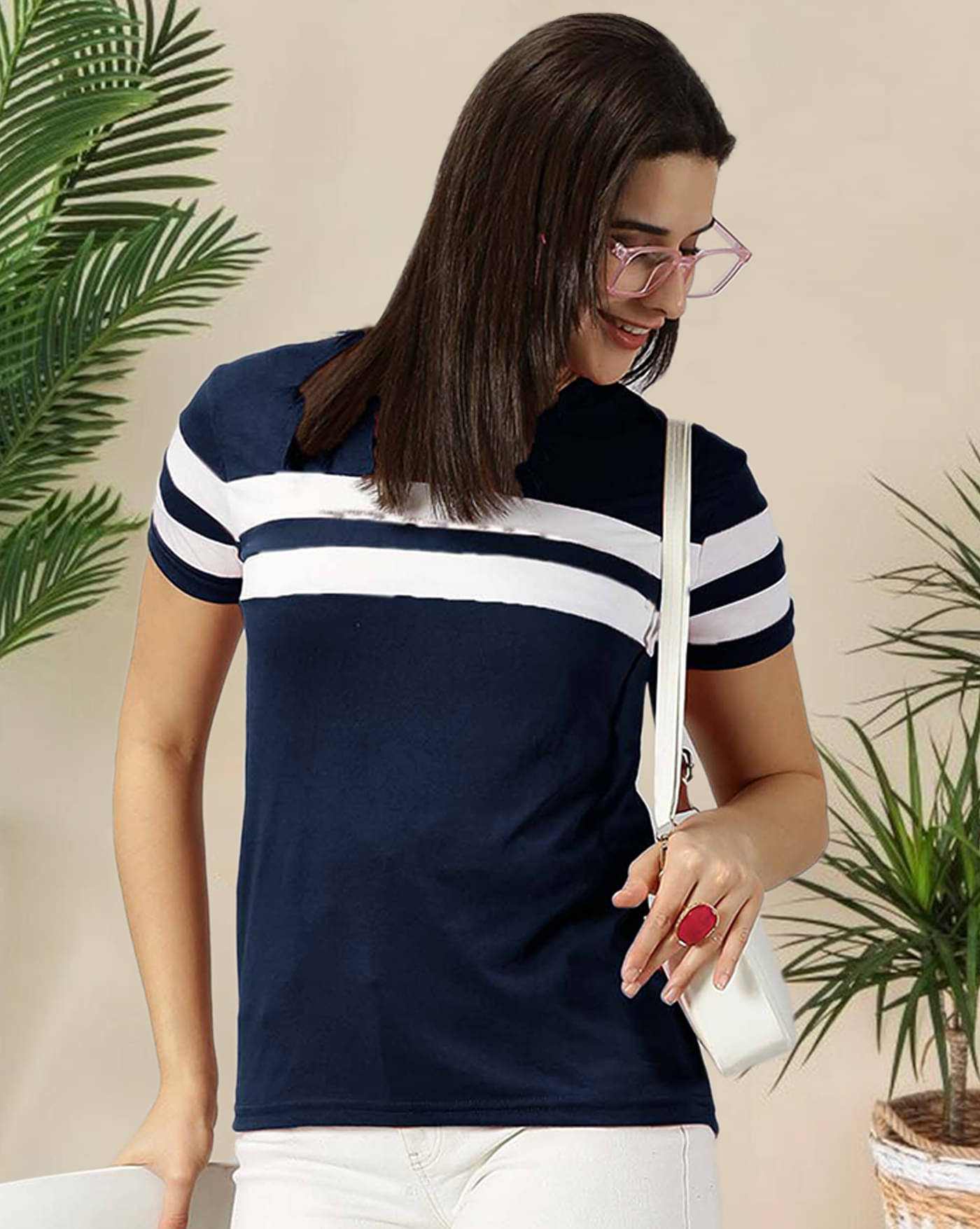 AOOSH Women Cotton Blend Striped Regular Fit Round Neck T-Shirt ( Navy Blue ) AOOSH Women Cotton Blend Striped Regular Fit Round Neck T-Shirt ( Navy Blue )