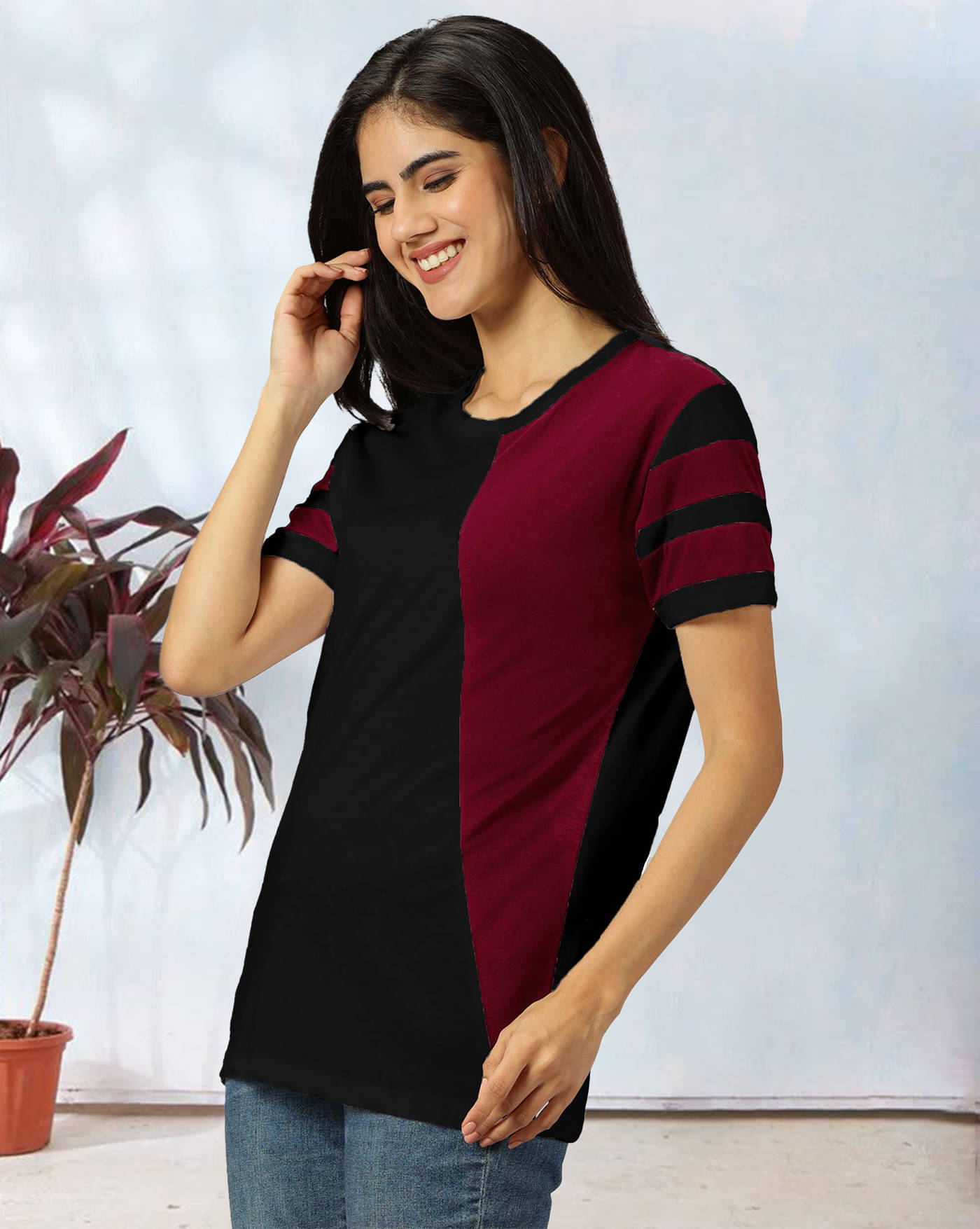 AOOSH Women Cotton Blend Striped Regular Fit Round Neck T-Shirt ( Maroon ) AOOSH Women Cotton Blend Striped Regular Fit Round Neck T-Shirt ( Maroon )
