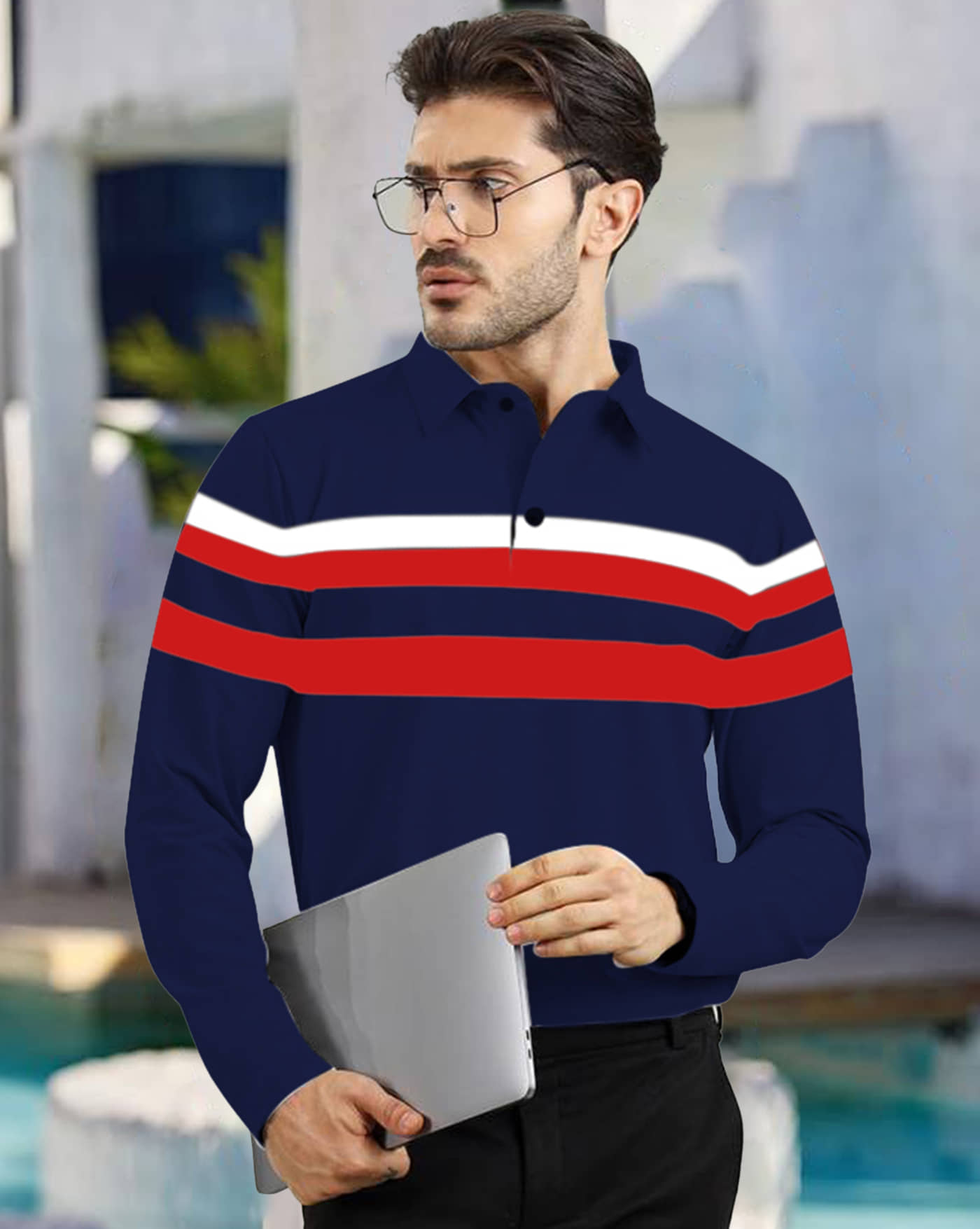 AOOSH Pack of 1 Cotton Blend Regular Fit Striped Full Sleeves Men's Polo T Shirt ( Navy )