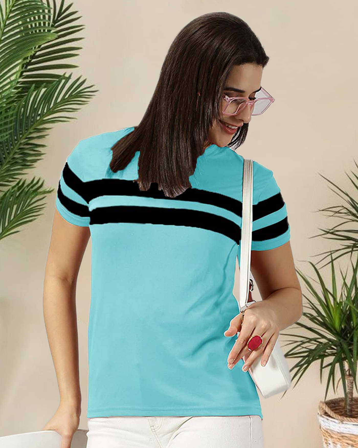AOOSH Women Cotton Blend Striped Regular Fit Round Neck T-Shirt ( Light Blue ) AOOSH Women Cotton Blend Striped Regular Fit Round Neck T-Shirt ( Light Blue )
