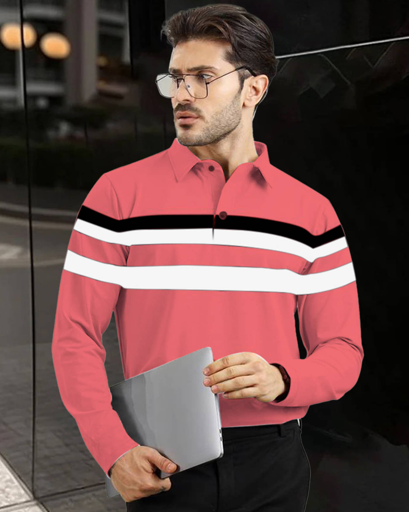     			AOOSH Pack of 1 Cotton Blend Regular Fit Striped Full Sleeves Men's Polo T Shirt ( Peach )
