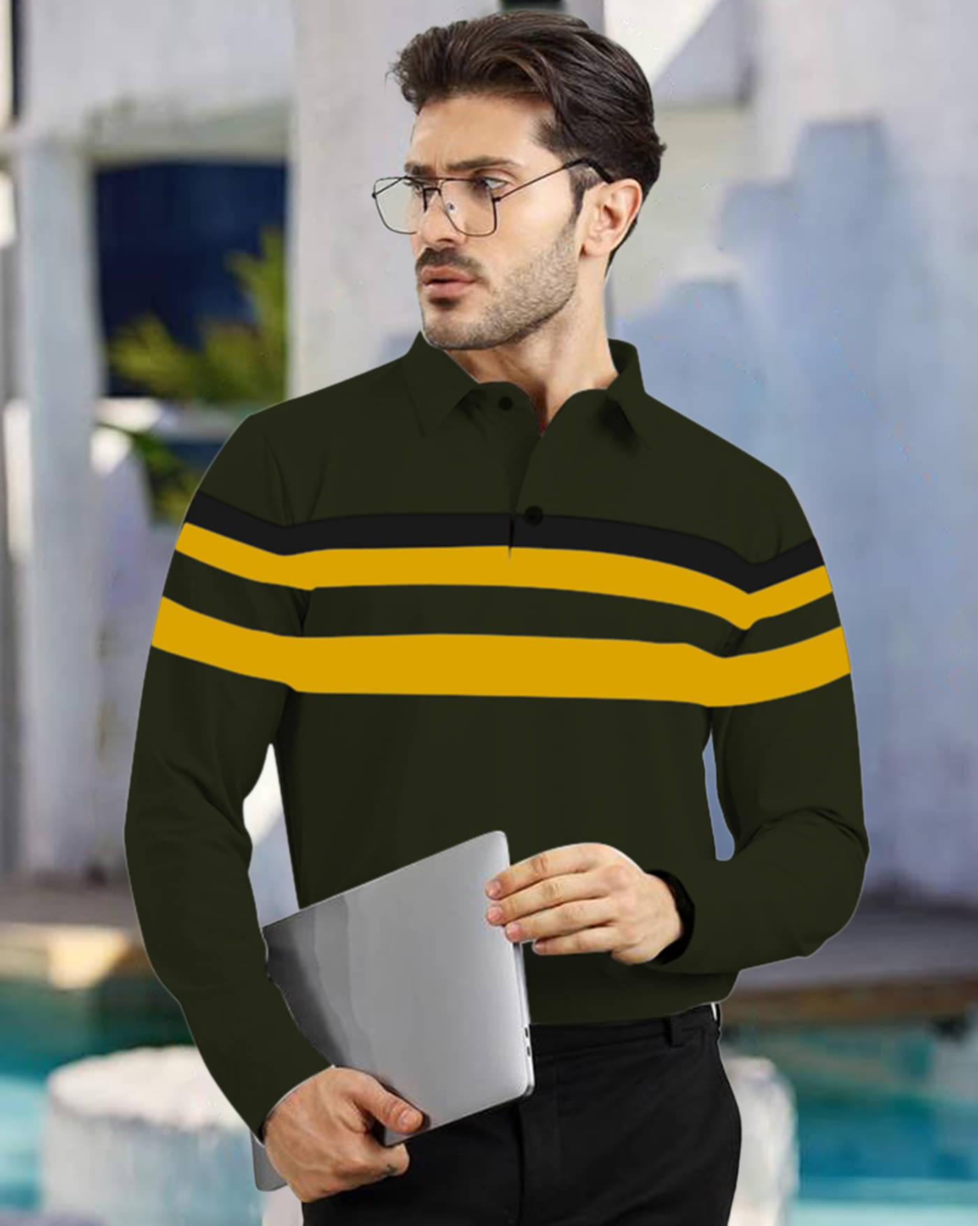     			AOOSH Pack of 1 Cotton Blend Regular Fit Striped Full Sleeves Men's Polo T Shirt ( Olive )