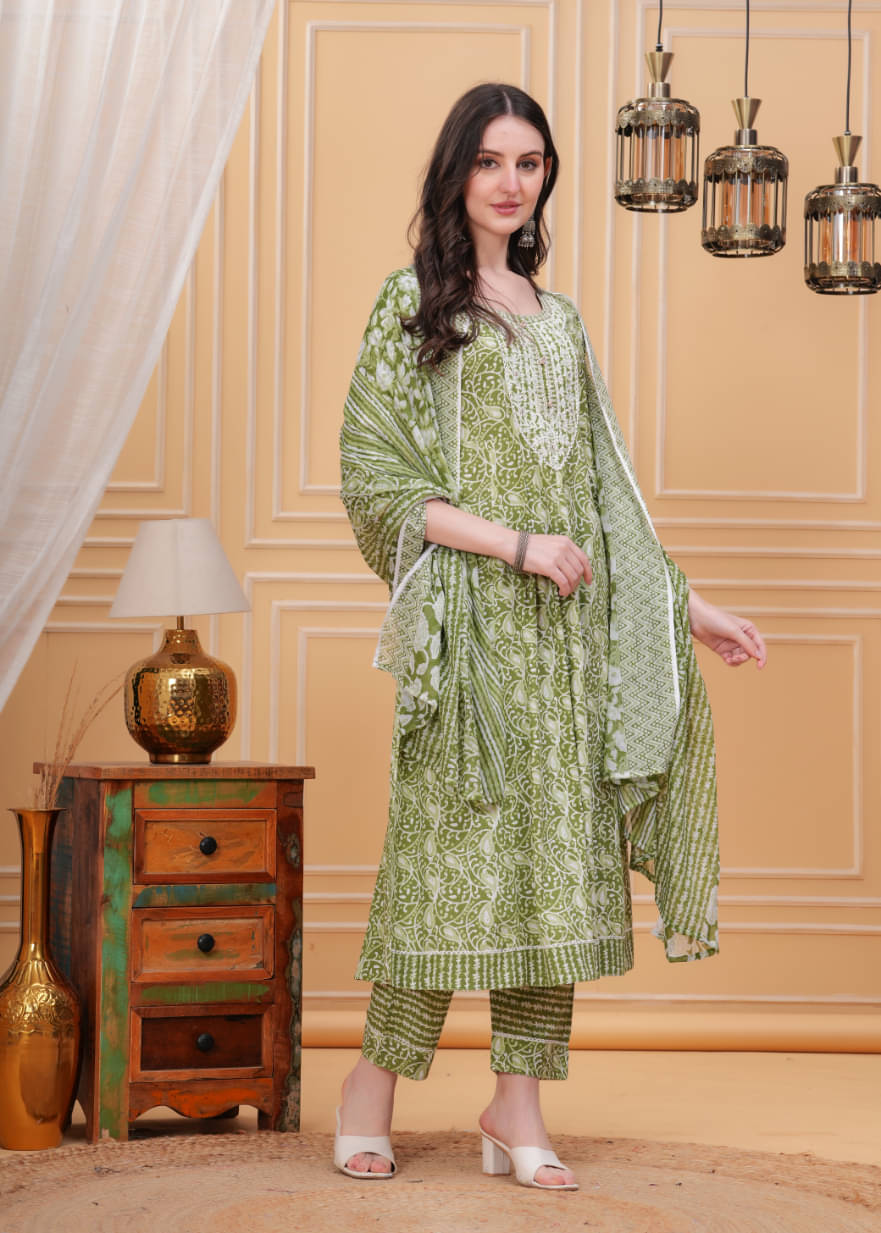     			HIGHLIGHT FASHION EXPORT Cotton Blend Embroidered Kurti With Pants Women's Stitched Salwar Suit - Olive ( Pack of 1 )