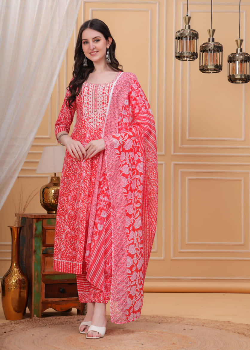     			HIGHLIGHT FASHION EXPORT Cotton Blend Embroidered Kurti With Pants Women's Stitched Salwar Suit - Red ( Pack of 1 )