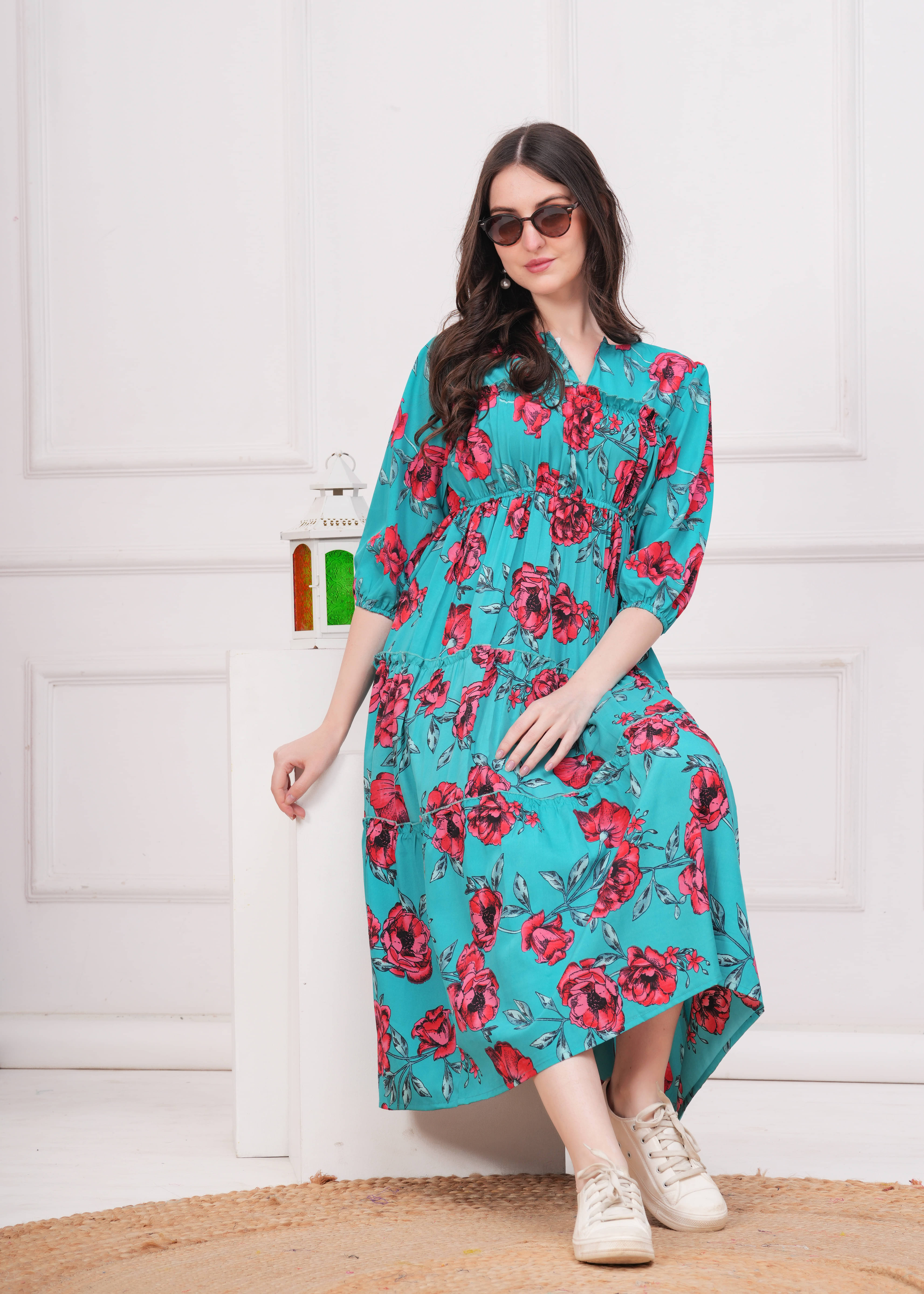 JAI SHIVAM TRADERS Women Crepe Printed Fit & Flare Dress ( Green ) JAI SHIVAM TRADERS Women Crepe Printed Fit & Flare Dress ( Green )