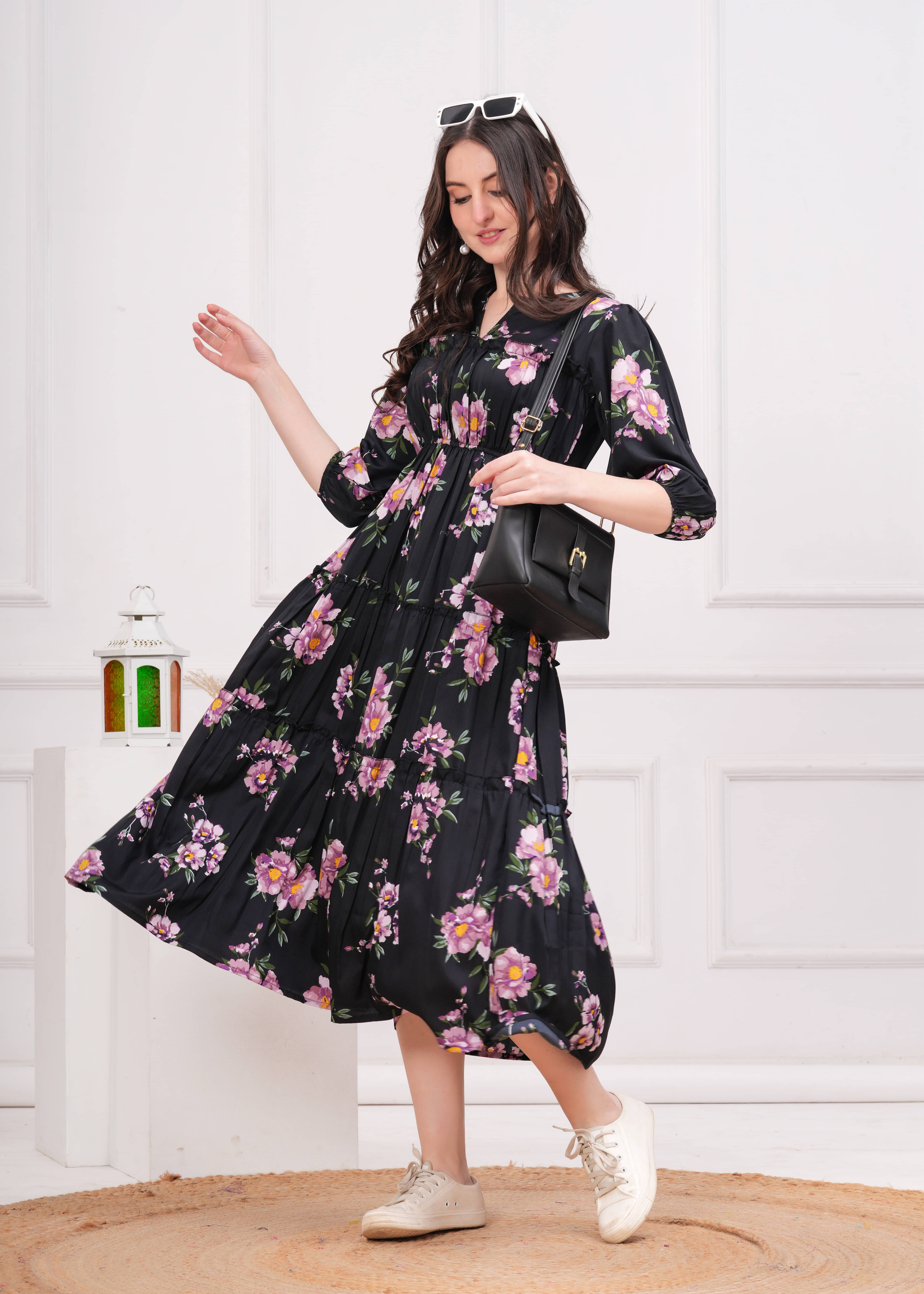 JAI SHIVAM TRADERS Women Crepe Printed Fit & Flare Dress ( Black ) JAI SHIVAM TRADERS Women Crepe Printed Fit & Flare Dress ( Black )