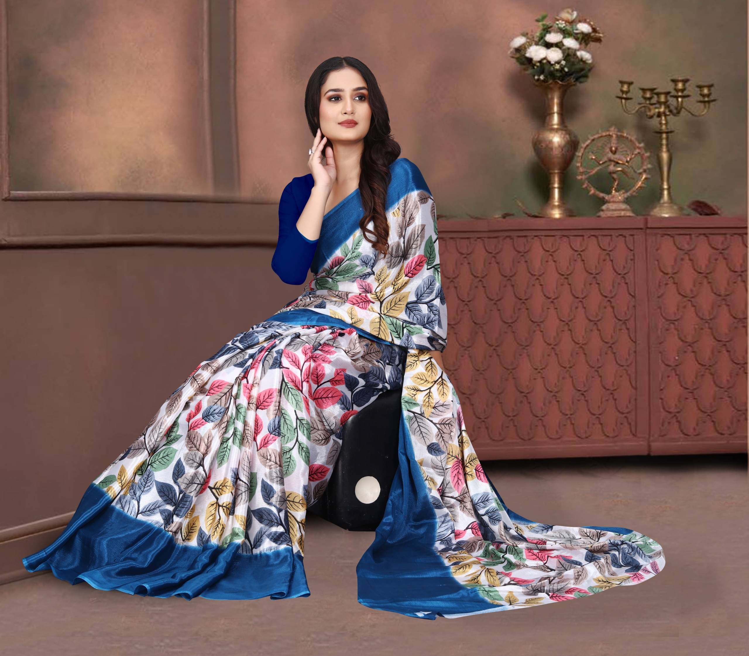     			JIHANA FAB Georgette Printed Saree With Unstitched Blouse Piece ( Blue )