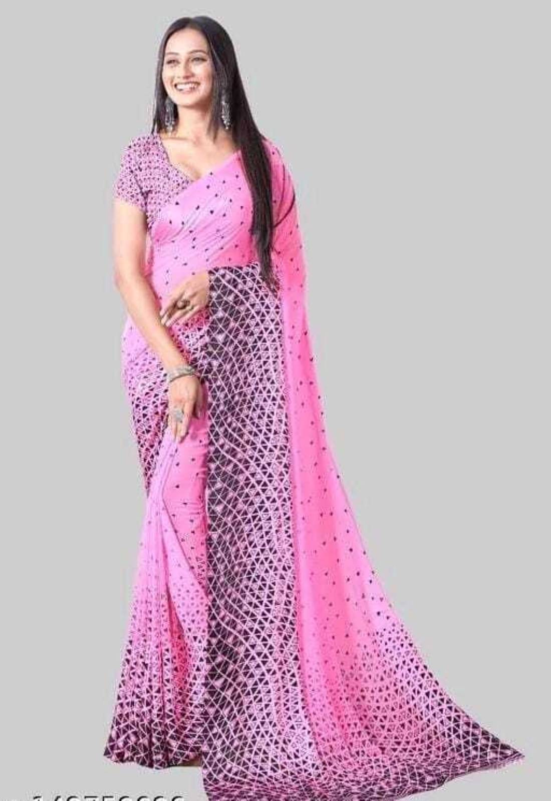 JIHANA FAB Georgette Printed Saree With Unstitched Blouse Piece ( Pink )     			JIHANA FAB Georgette Printed Saree With Unstitched Blouse Piece ( Pink )