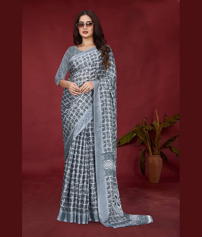 JIHANA FAB Chiffon Printed Saree With Unstitched Blouse Piece ( Grey ) - Sarees | Buy online on ZillyBuy
