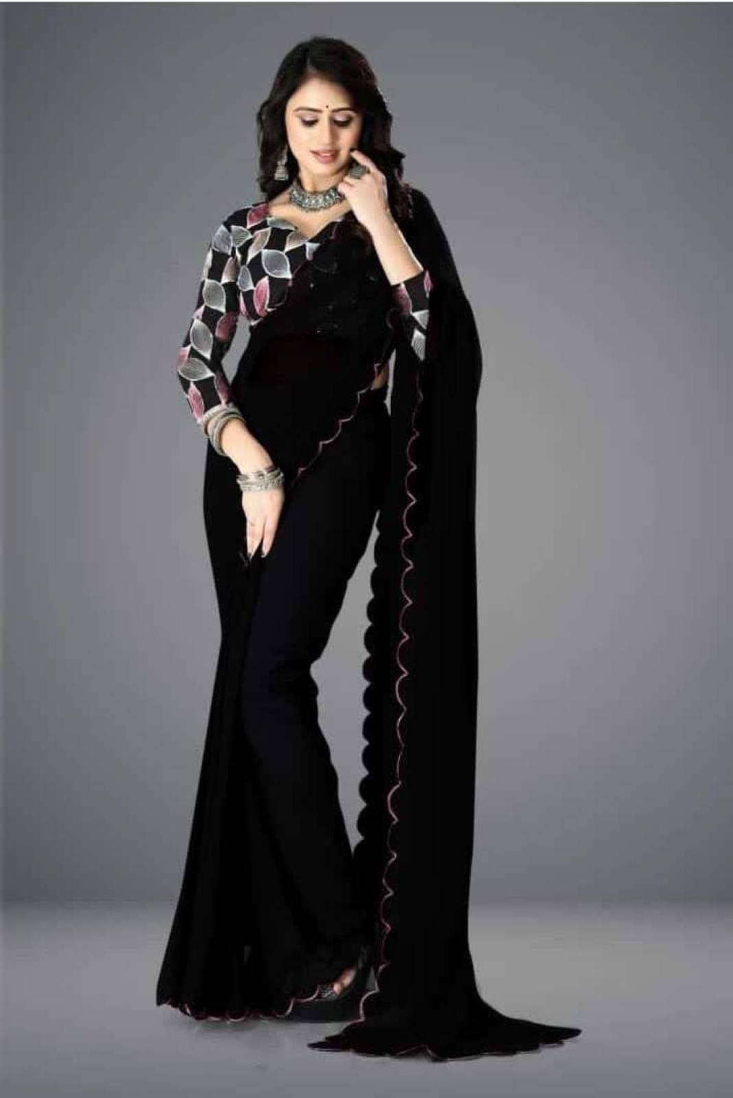 JIHANA FAB Chiffon Embroidered Saree With Unstitched Blouse Piece ( Black ) JIHANA FAB Chiffon Embroidered Saree With Unstitched Blouse Piece ( Black )