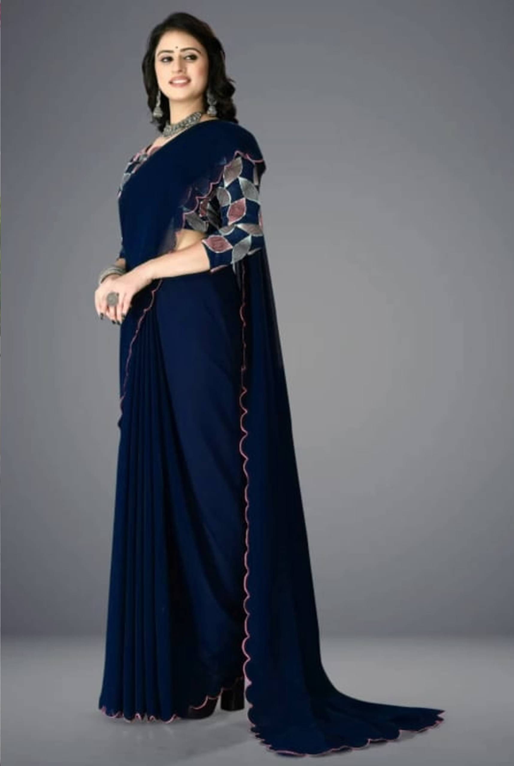 JIHANA FAB Chiffon Embroidered Saree With Unstitched Blouse Piece ( Blue ) JIHANA FAB Chiffon Embroidered Saree With Unstitched Blouse Piece ( Blue )