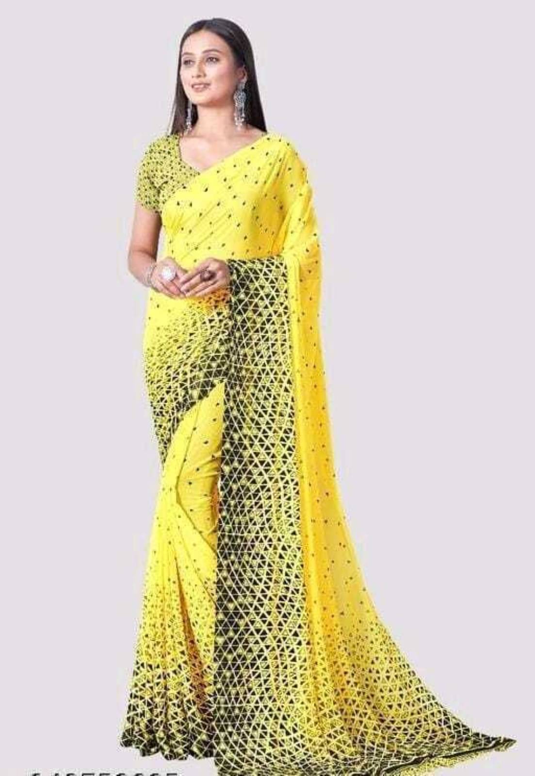 JIHANA FAB Georgette Printed Saree With Unstitched Blouse Piece ( Yellow ) JIHANA FAB Georgette Printed Saree With Unstitched Blouse Piece ( Yellow )