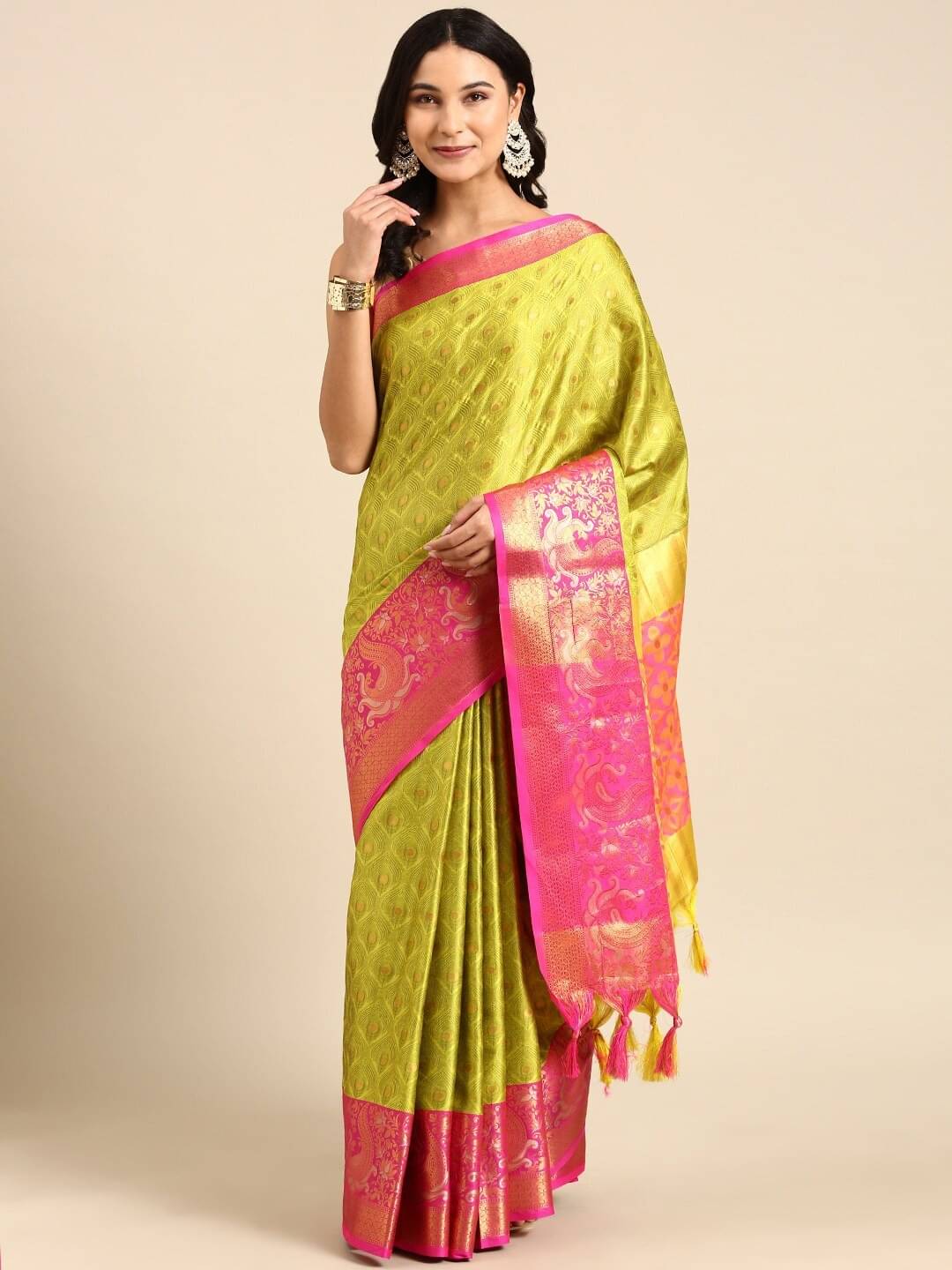     			JIHANA FAB Organza Woven Saree With Unstitched Blouse Piece ( Yellow )