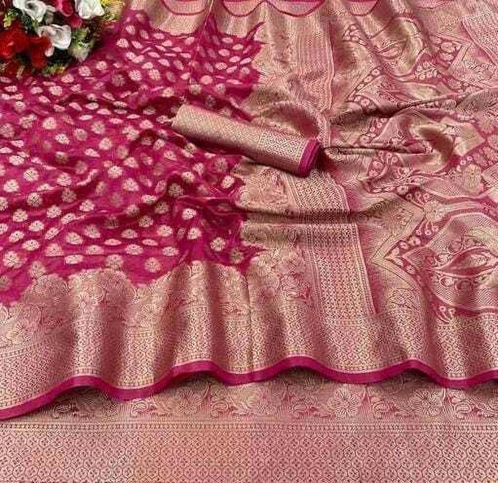 JIHANA FAB Organza Woven Saree With Unstitched Blouse Piece ( Pink ) JIHANA FAB Organza Woven Saree With Unstitched Blouse Piece ( Pink )