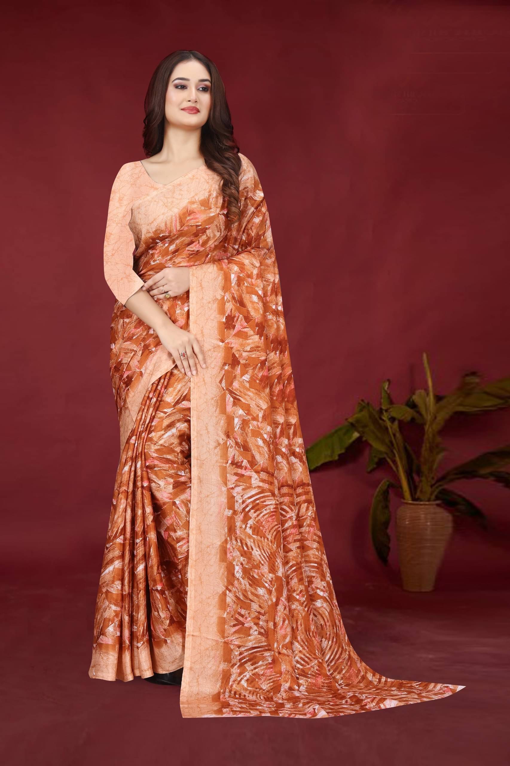 JIHANA FAB Chiffon Printed Saree With Unstitched Blouse Piece ( Brown ) JIHANA FAB Chiffon Printed Saree With Unstitched Blouse Piece ( Brown )
