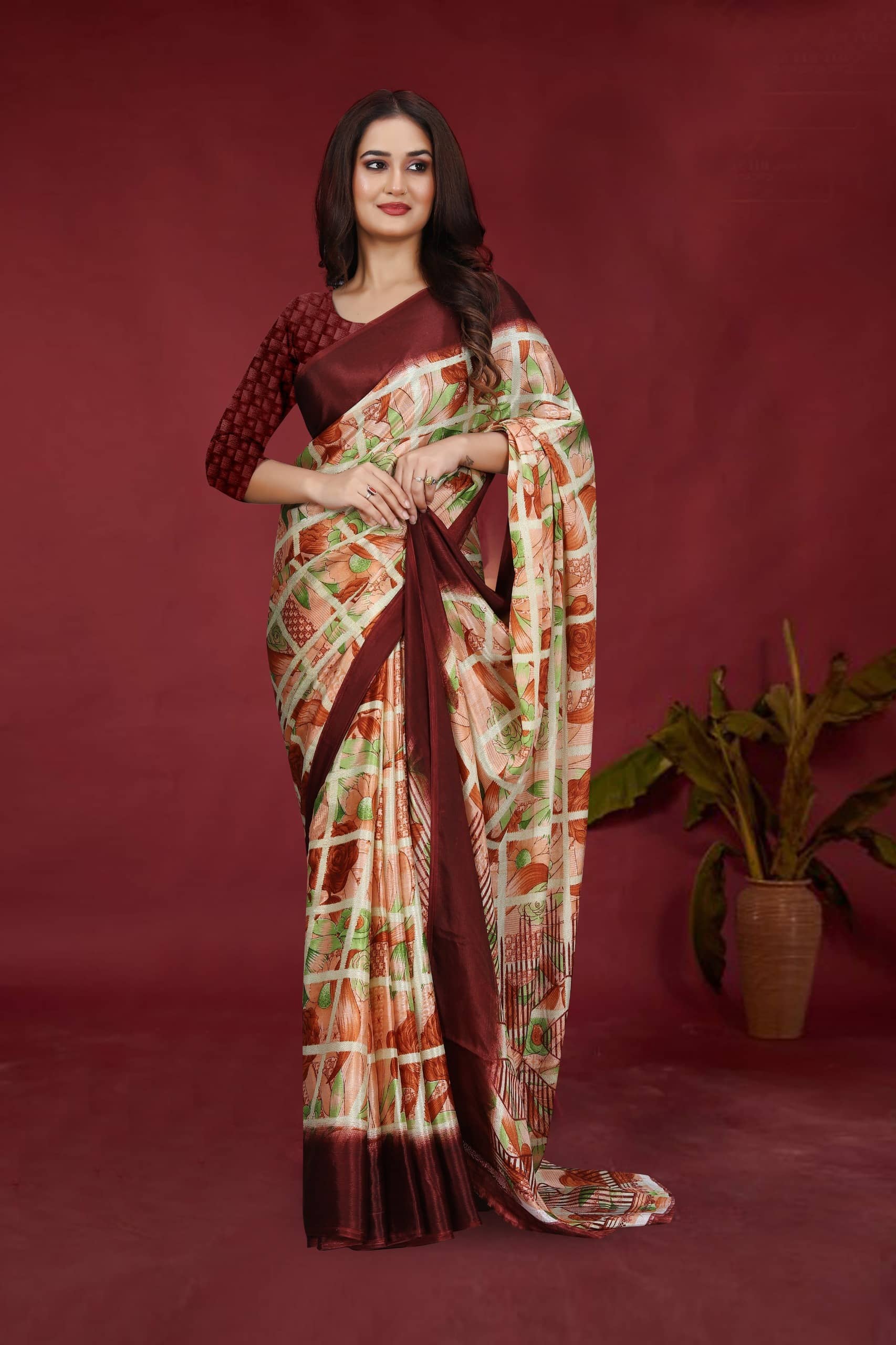 JIHANA FAB Chiffon Printed Saree With Unstitched Blouse Piece ( Brown ) - Sarees | Buy online on ZillyBuy