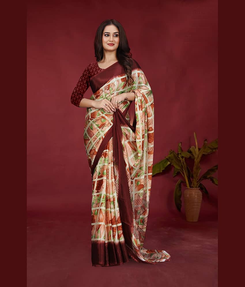 JIHANA FAB Chiffon Printed Saree With Unstitched Blouse Piece ( Brown ) - Sarees | Buy online on ZillyBuy