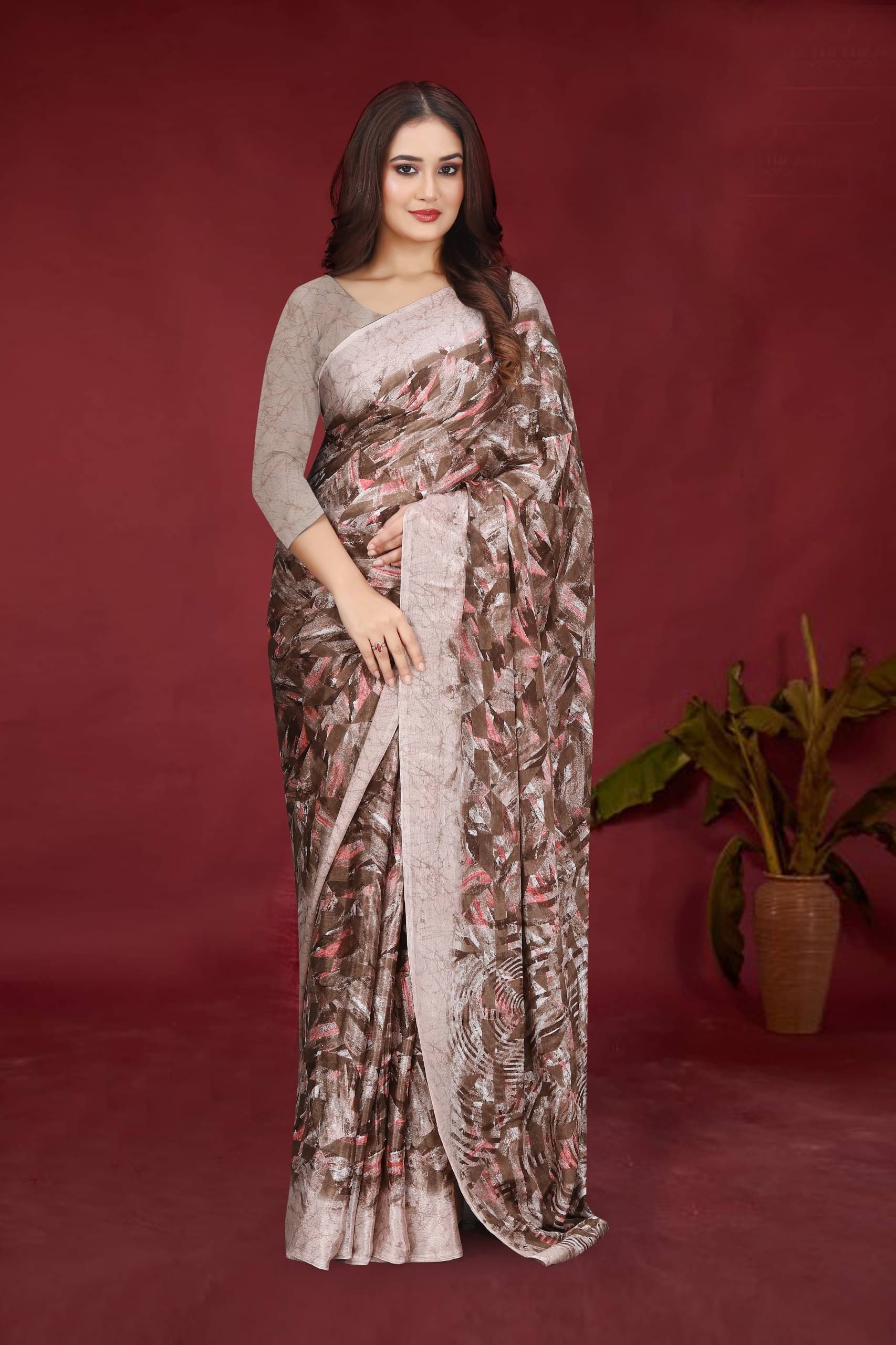     			JIHANA FAB Chiffon Printed Saree With Unstitched Blouse Piece ( Brown )