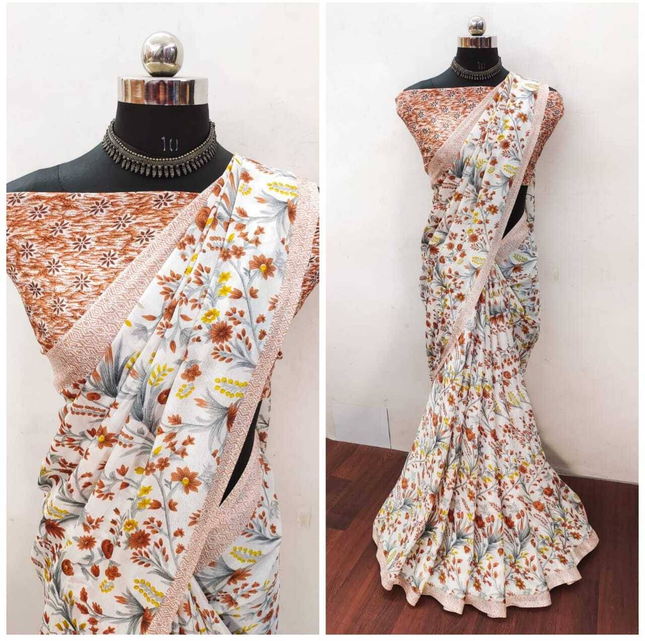     			JIHANA FAB Chiffon Printed Saree With Unstitched Blouse Piece ( Orange )