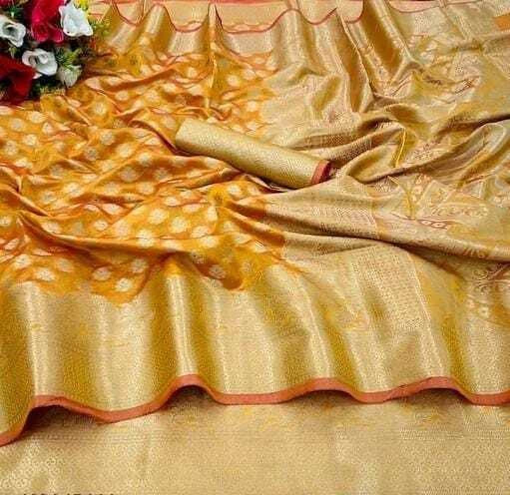 JIHANA FAB Organza Woven Saree With Unstitched Blouse Piece ( Yellow )     			JIHANA FAB Organza Woven Saree With Unstitched Blouse Piece ( Yellow )
