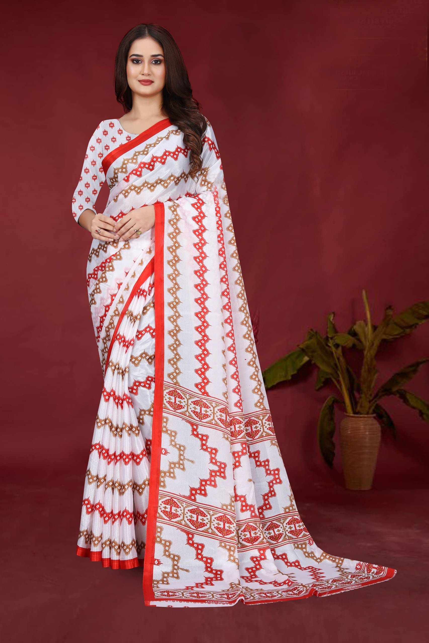     			JIHANA FAB Chiffon Printed Saree With Unstitched Blouse Piece ( Red )