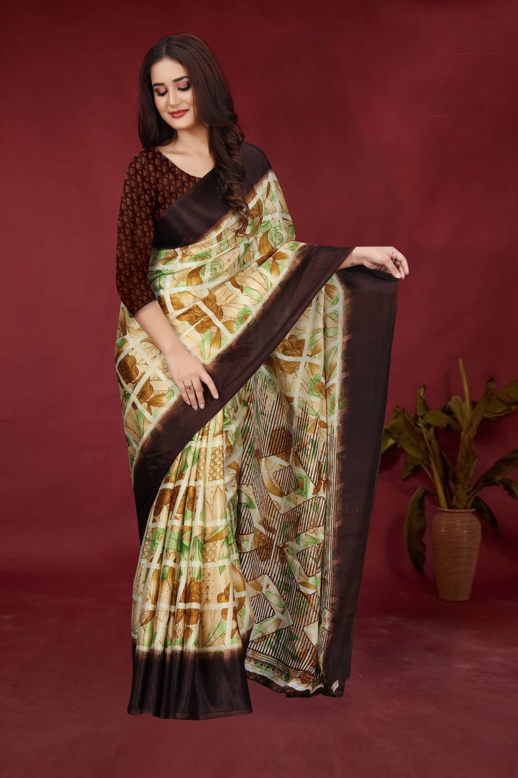 JIHANA FAB Chiffon Printed Saree With Unstitched Blouse Piece ( Brown ) JIHANA FAB Chiffon Printed Saree With Unstitched Blouse Piece ( Brown )