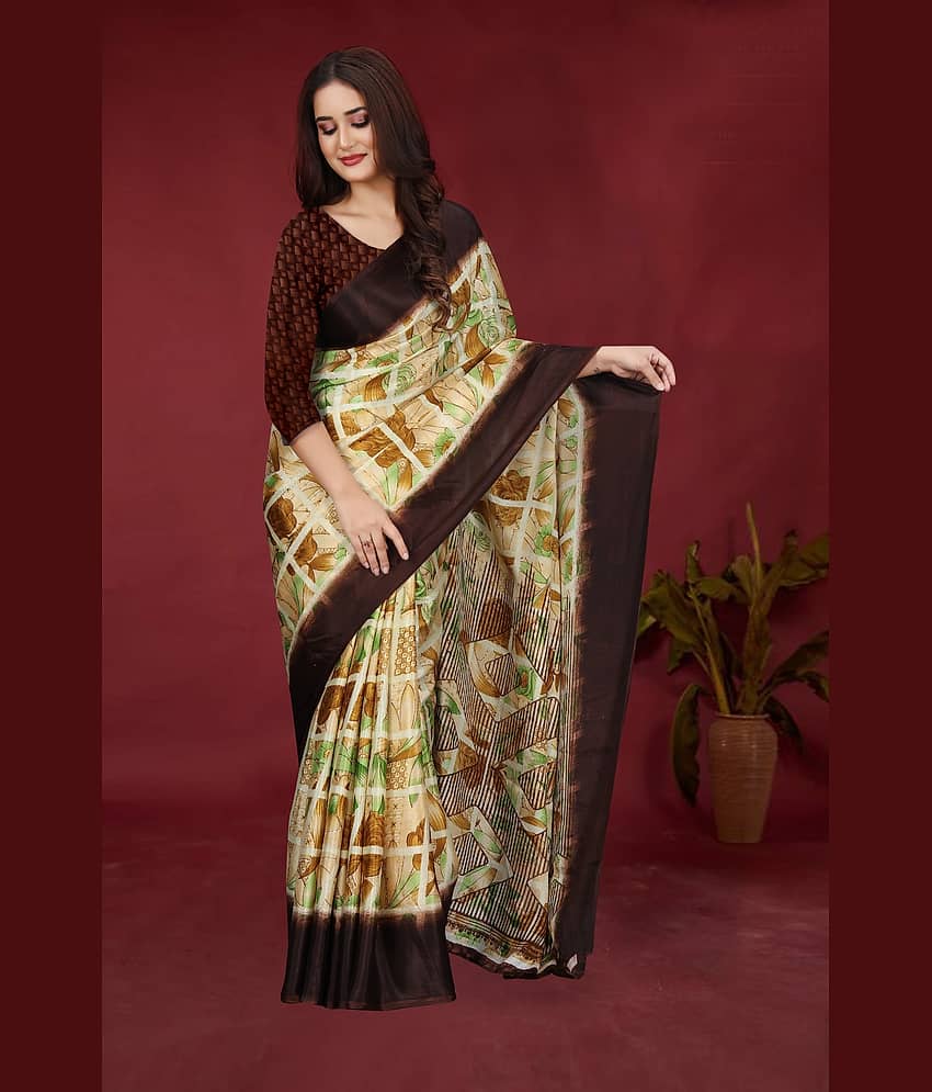 JIHANA FAB Chiffon Printed Saree With Unstitched Blouse Piece ( Brown ) - Sarees | Buy online on ZillyBuy