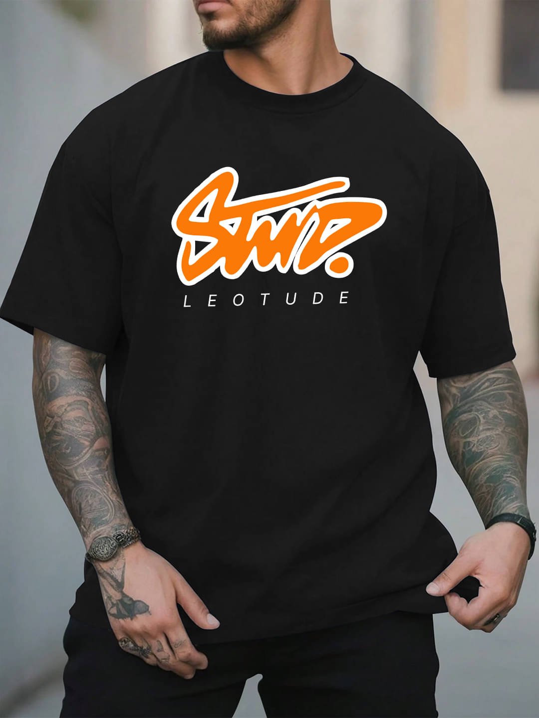     			Leotude Men Cotton Blend Oversized Fit Printed T-Shirt ( Black )