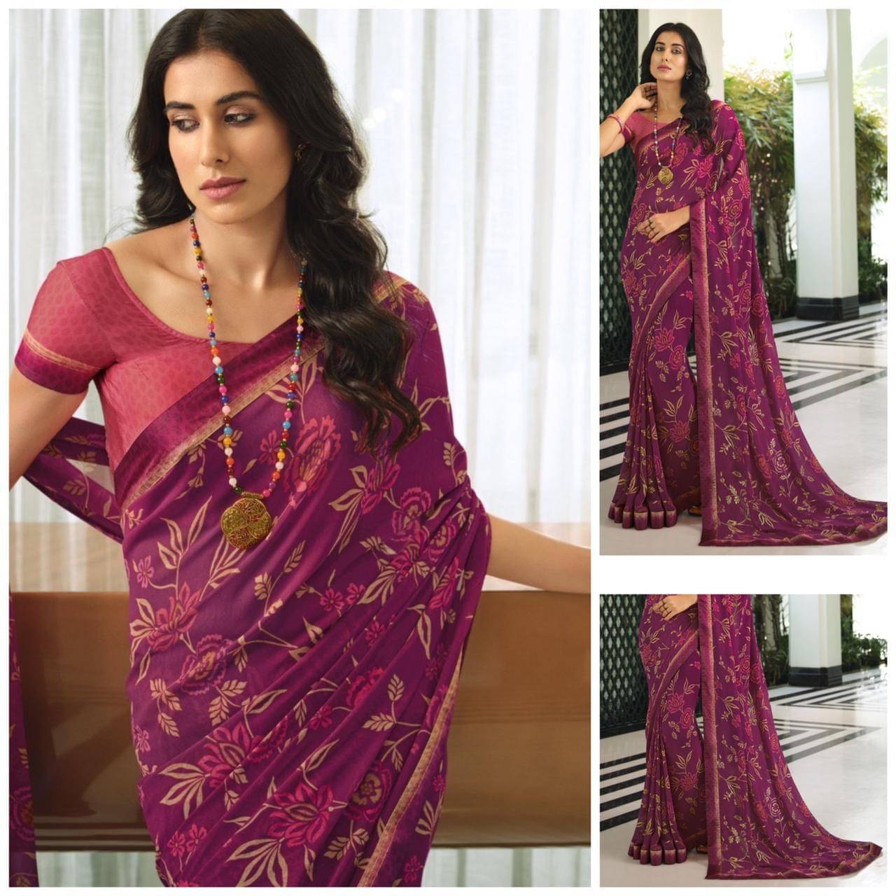 PHORIA STYLE Georgette Printed Saree With Unstitched Blouse Piece ( Purple ) PHORIA STYLE Georgette Printed Saree With Unstitched Blouse Piece ( Purple )