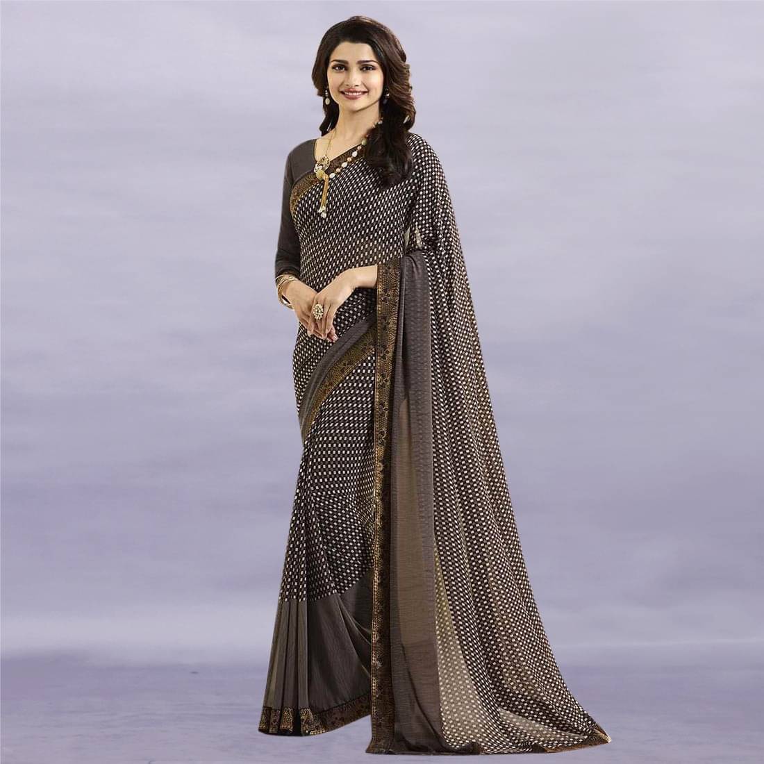 PHORIA STYLE Georgette Printed Saree With Unstitched Blouse Piece ( Brown ) PHORIA STYLE Georgette Printed Saree With Unstitched Blouse Piece ( Brown )