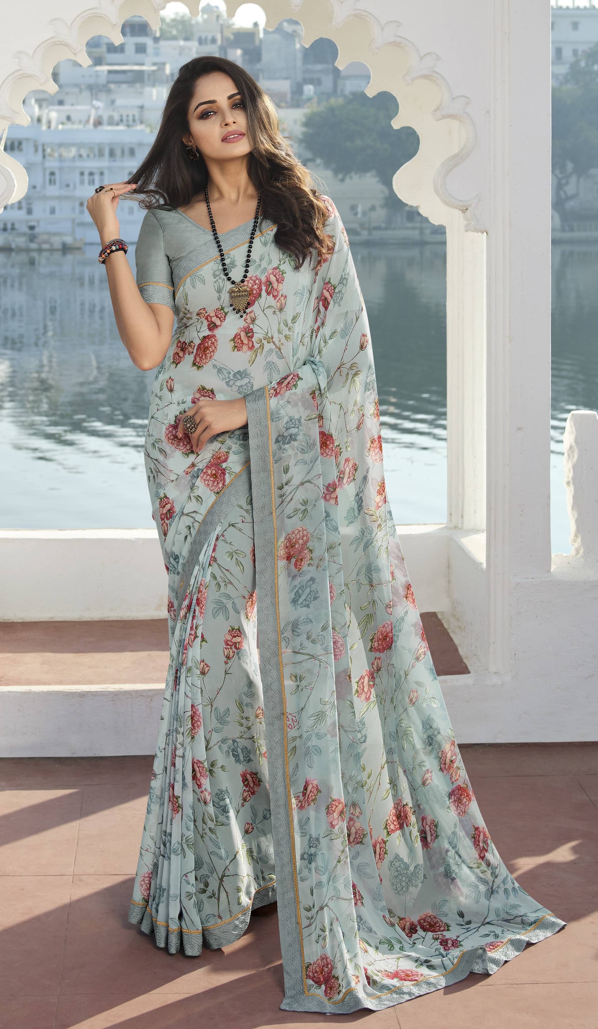 PHORIA STYLE Chiffon Printed Saree With Unstitched Blouse Piece ( Light Blue )     			PHORIA STYLE Chiffon Printed Saree With Unstitched Blouse Piece ( Light Blue )