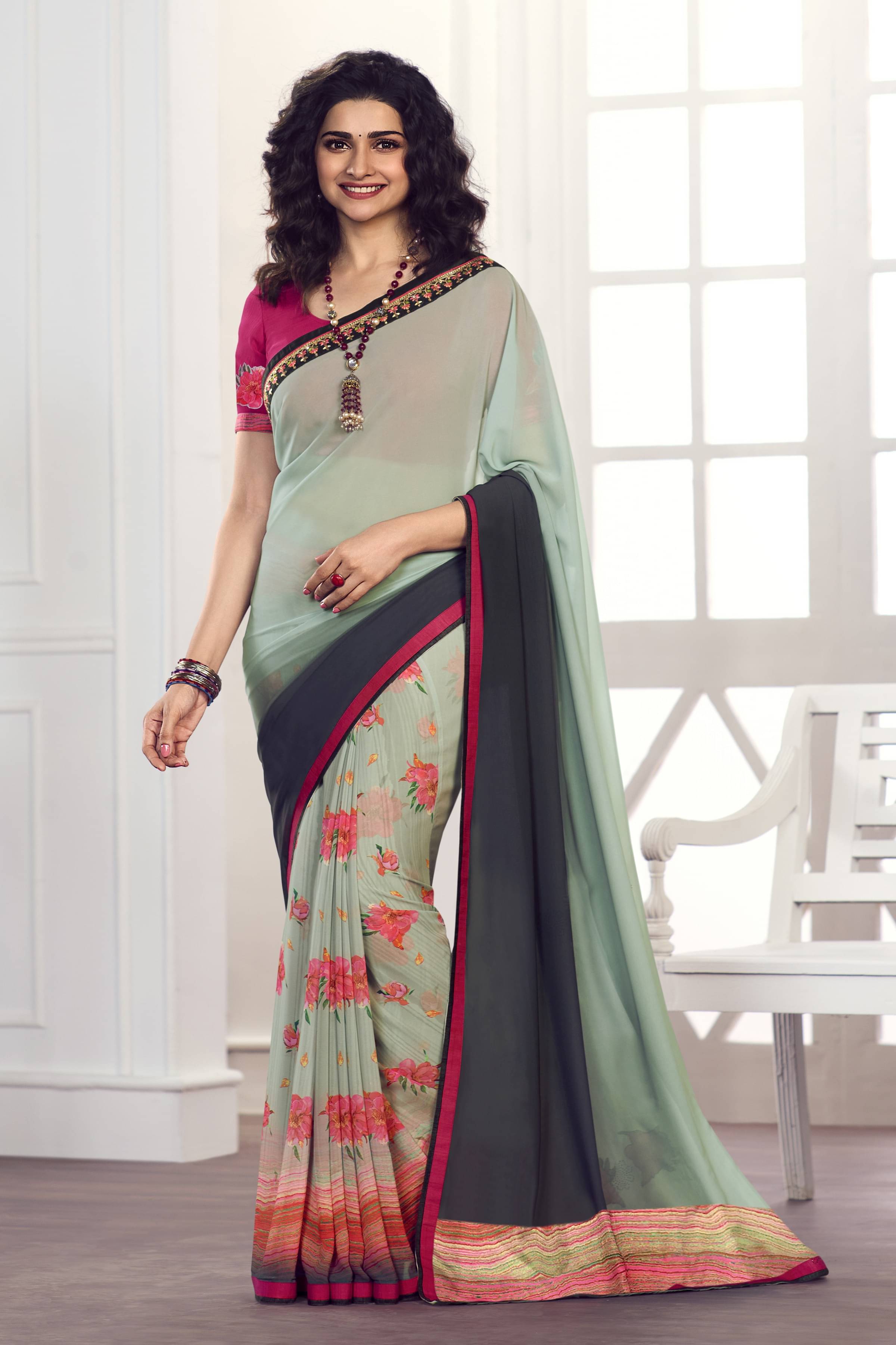 PHORIA STYLE Georgette Printed Saree With Unstitched Blouse Piece ( Grey ) PHORIA STYLE Georgette Printed Saree With Unstitched Blouse Piece ( Grey )