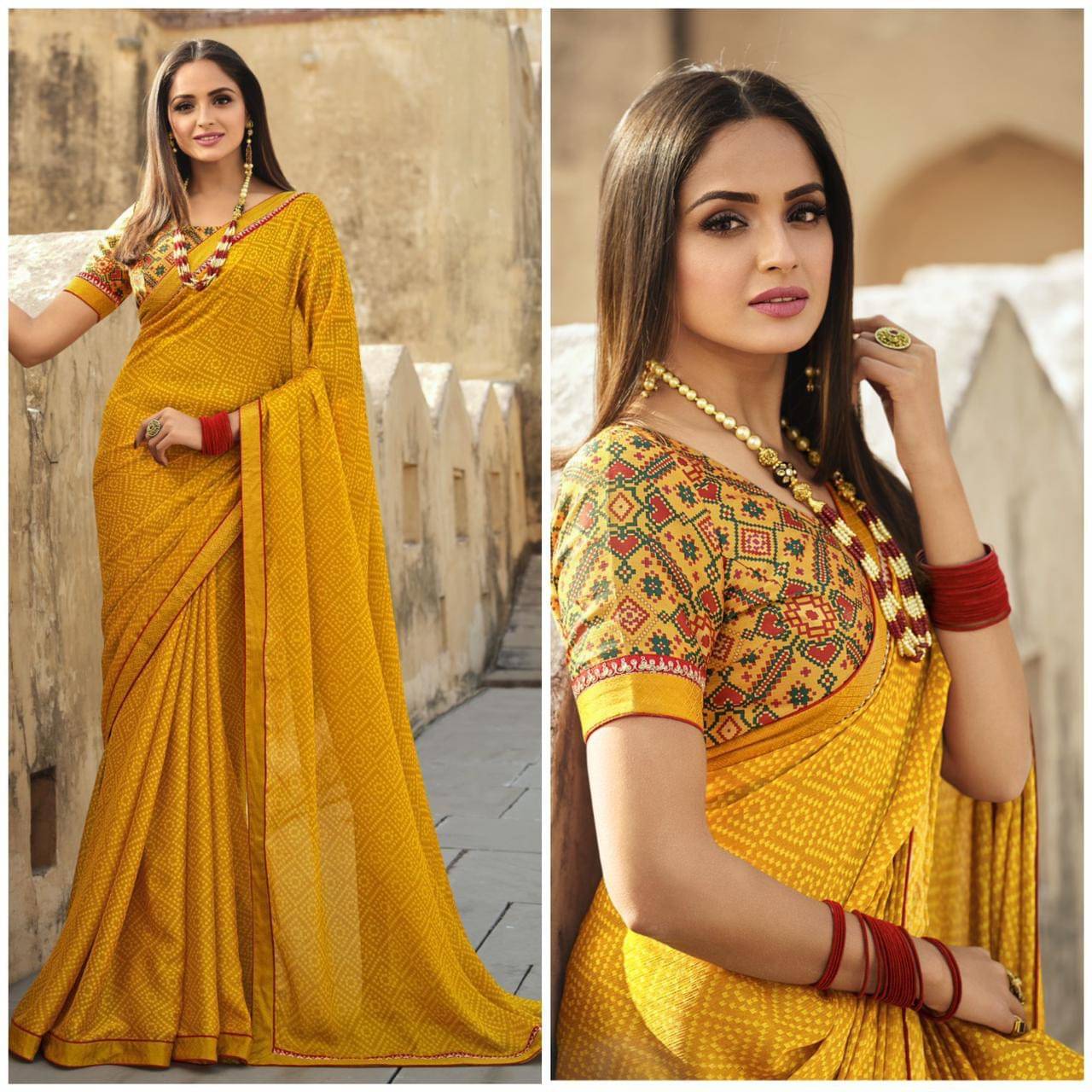 PHORIA STYLE Georgette Printed Saree With Unstitched Blouse Piece ( Yellow ) PHORIA STYLE Georgette Printed Saree With Unstitched Blouse Piece ( Yellow )