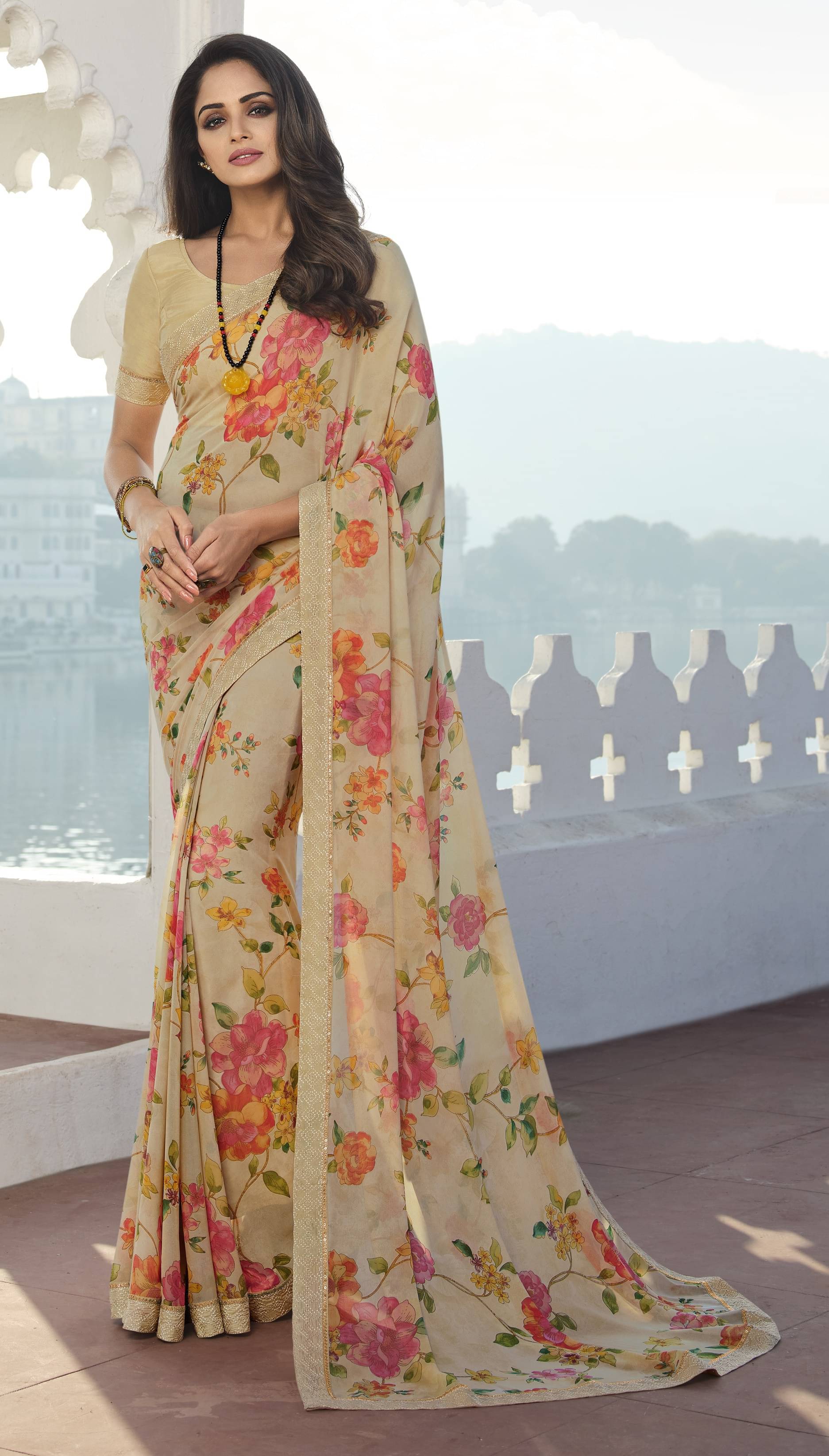     			PHORIA STYLE Chiffon Printed Saree With Unstitched Blouse Piece ( Cream )