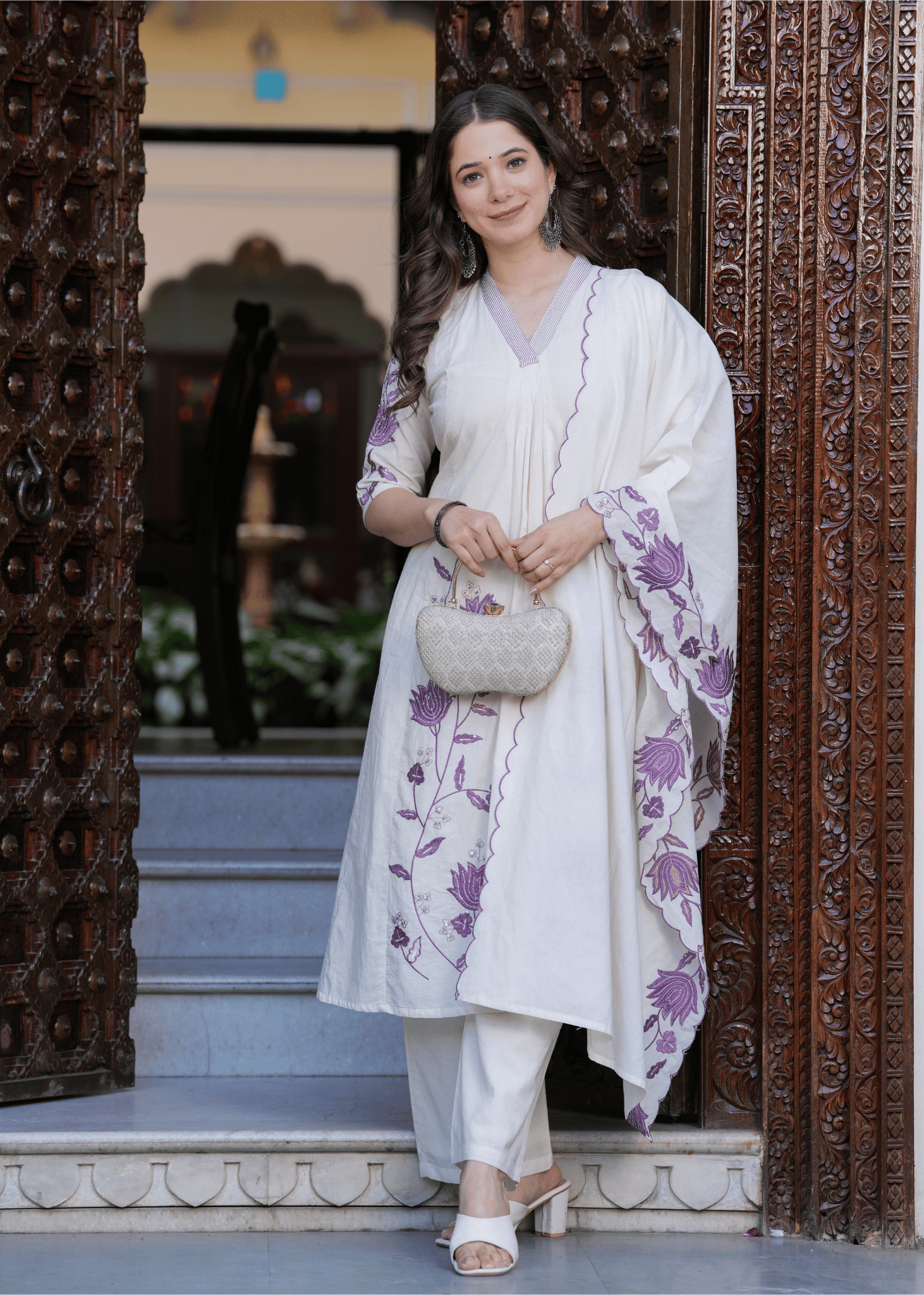 Sitaram Designer Cotton Embroidered Kurti With Palazzo Women's Stitched Salwar Suit - Off White ( Pack of 1 )