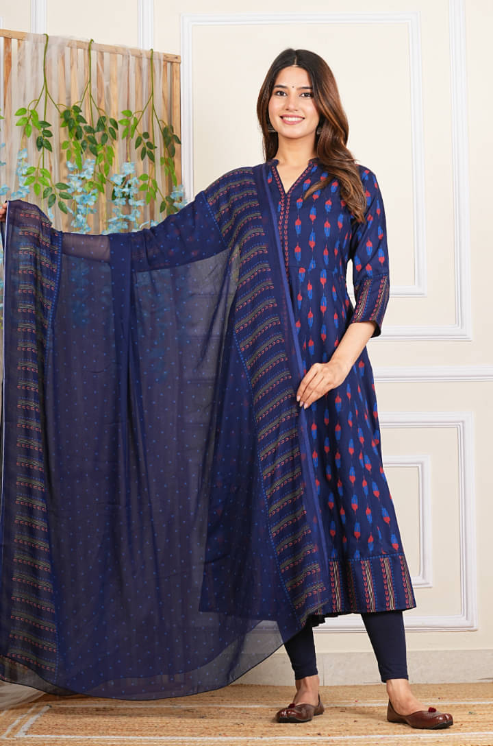 Yash Gallery Pack of 1 Rayon Printed Anarkali Women's Kurti with Dupatta - ( Blue ) Yash Gallery Pack of 1 Rayon Printed Anarkali Women's Kurti with Dupatta - ( Blue )