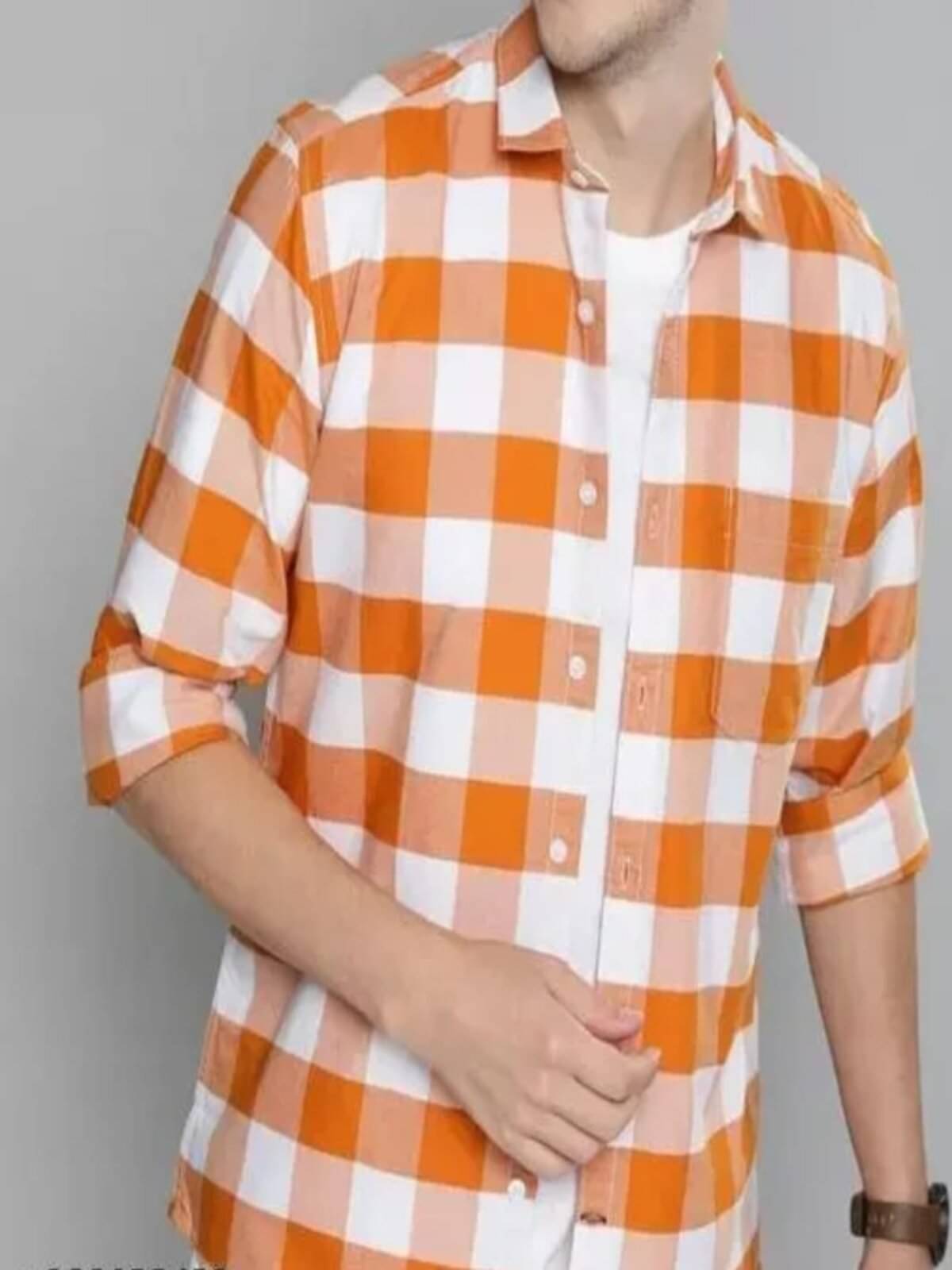 pranat Cotton Blend Regular Fit Checks Full Sleeves Men's Casual Shirt - Orange ( Pack of 1 ) pranat Cotton Blend Regular Fit Checks Full Sleeves Men's Casual Shirt - Orange ( Pack of 1 )