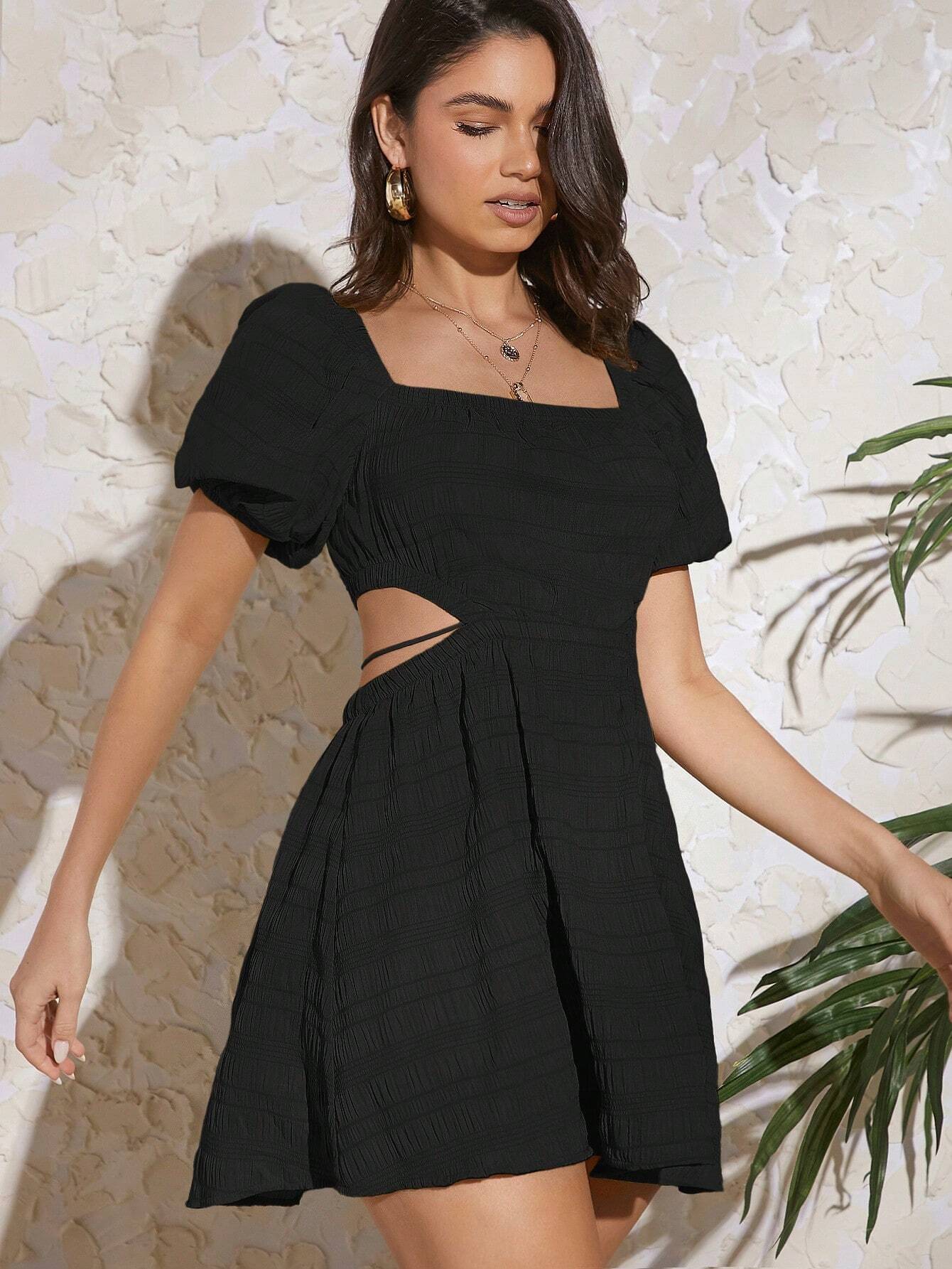 Aahwan Women Polyester Solid A-line Dress ( Black ) Aahwan Women Polyester Solid A-line Dress ( Black )