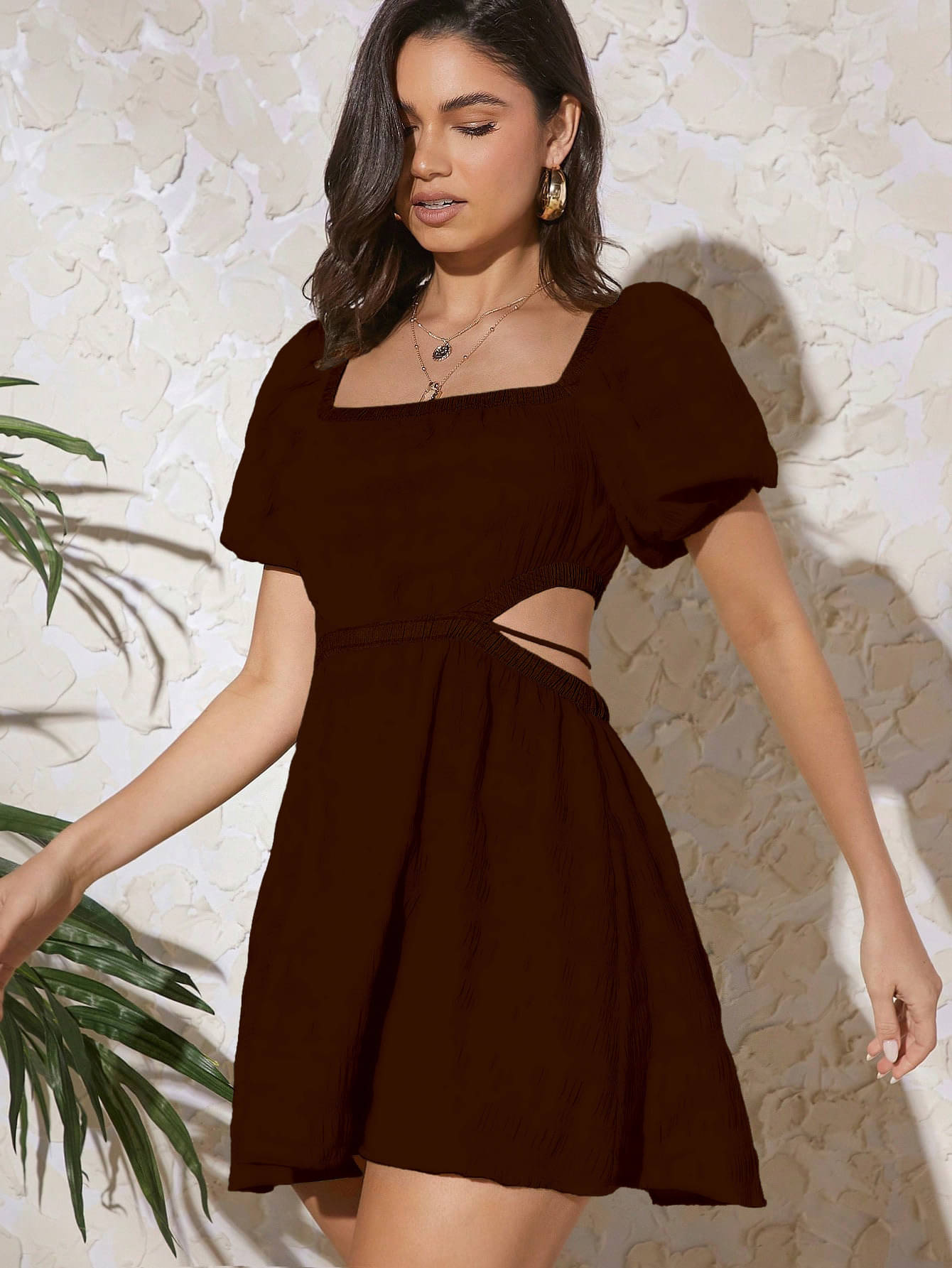 Aahwan Women Polyester Solid A-line Dress ( Brown ) Aahwan Women Polyester Solid A-line Dress ( Brown )
