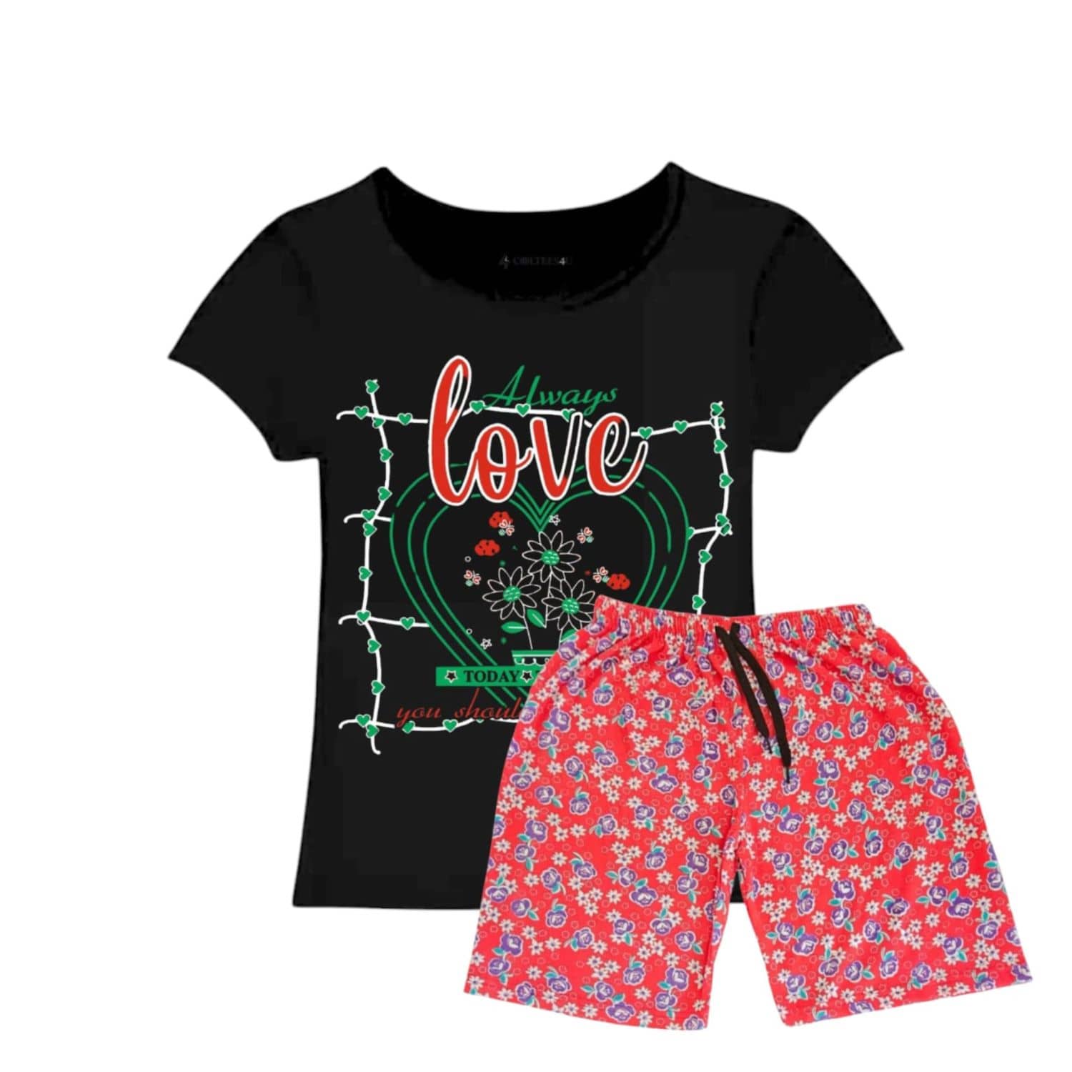 COOLTEES4U Pack of 1 Girls 100% Cotton T-shirt & Shorts ( Black )