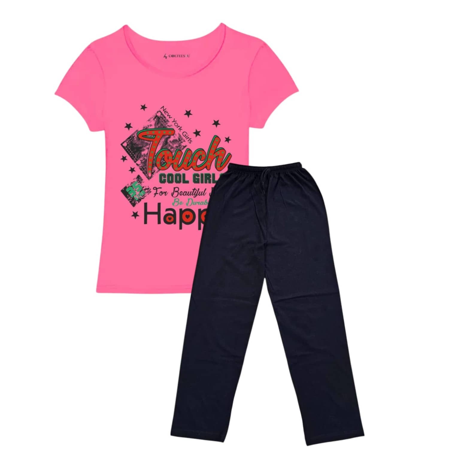 COOLTEES4U Pack of 2 Girls 100% Cotton T-shirt & Pants ( Pink )