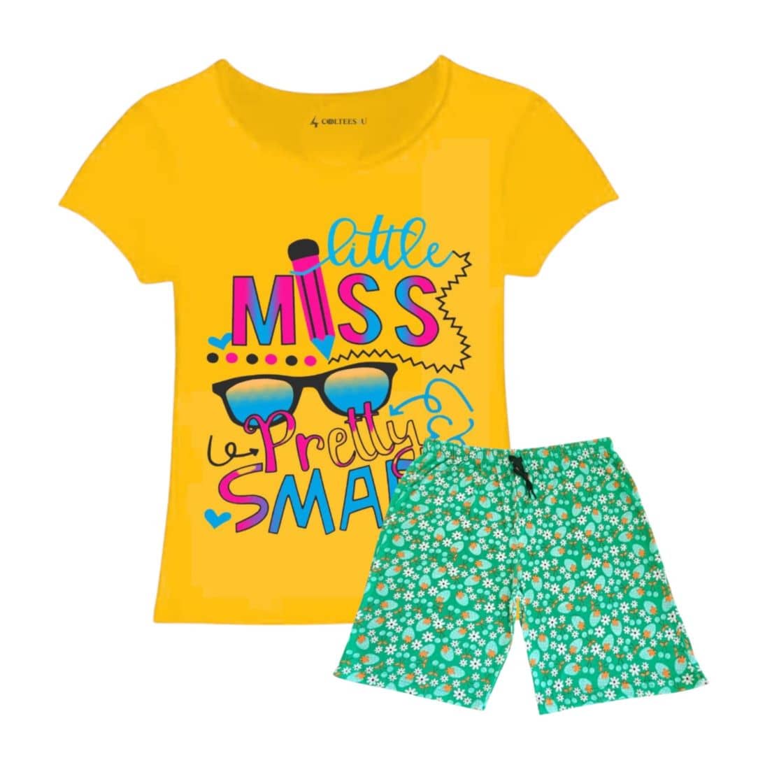 COOLTEES4U Pack of 2 Girls 100% Cotton T-shirt & Shorts ( Yellow )