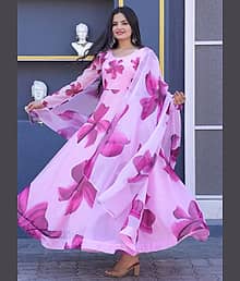 Femvy Pack of 1 Cotton Blend Printed Anarkali Women's Kurti with Dupatta - ( Pink )