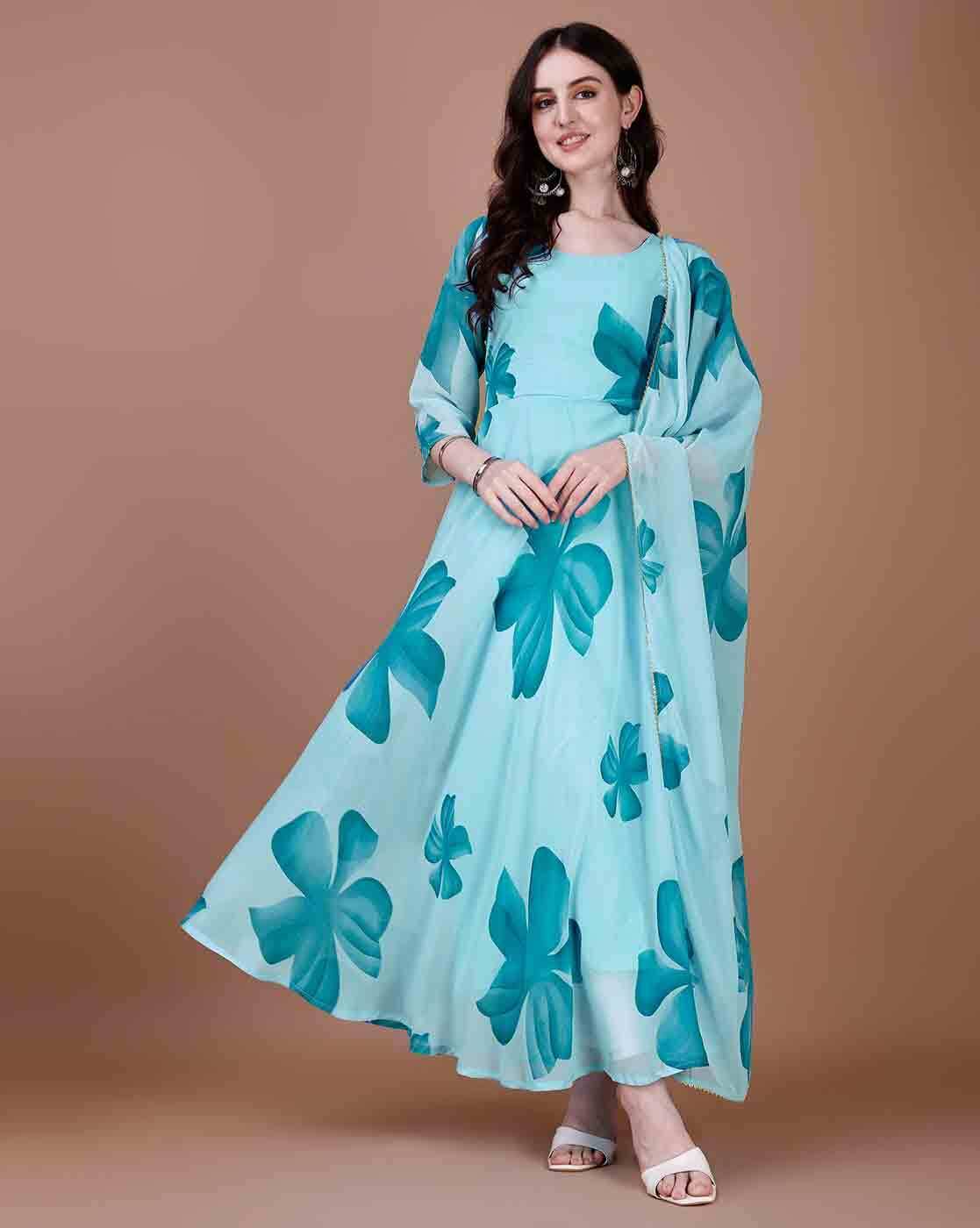     			Femvy Pack of 1 Cotton Blend Printed Anarkali Women's Kurti with Dupatta - ( Blue )