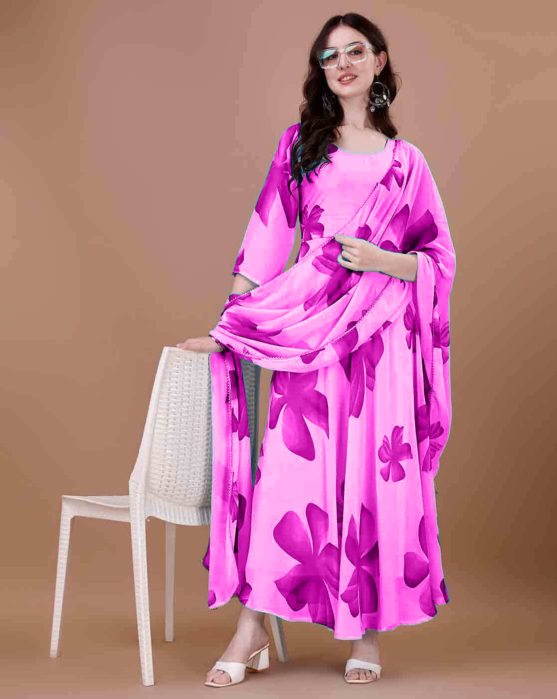     			Femvy Pack of 1 Cotton Blend Printed Anarkali Women's Kurti with Dupatta - ( Pink )