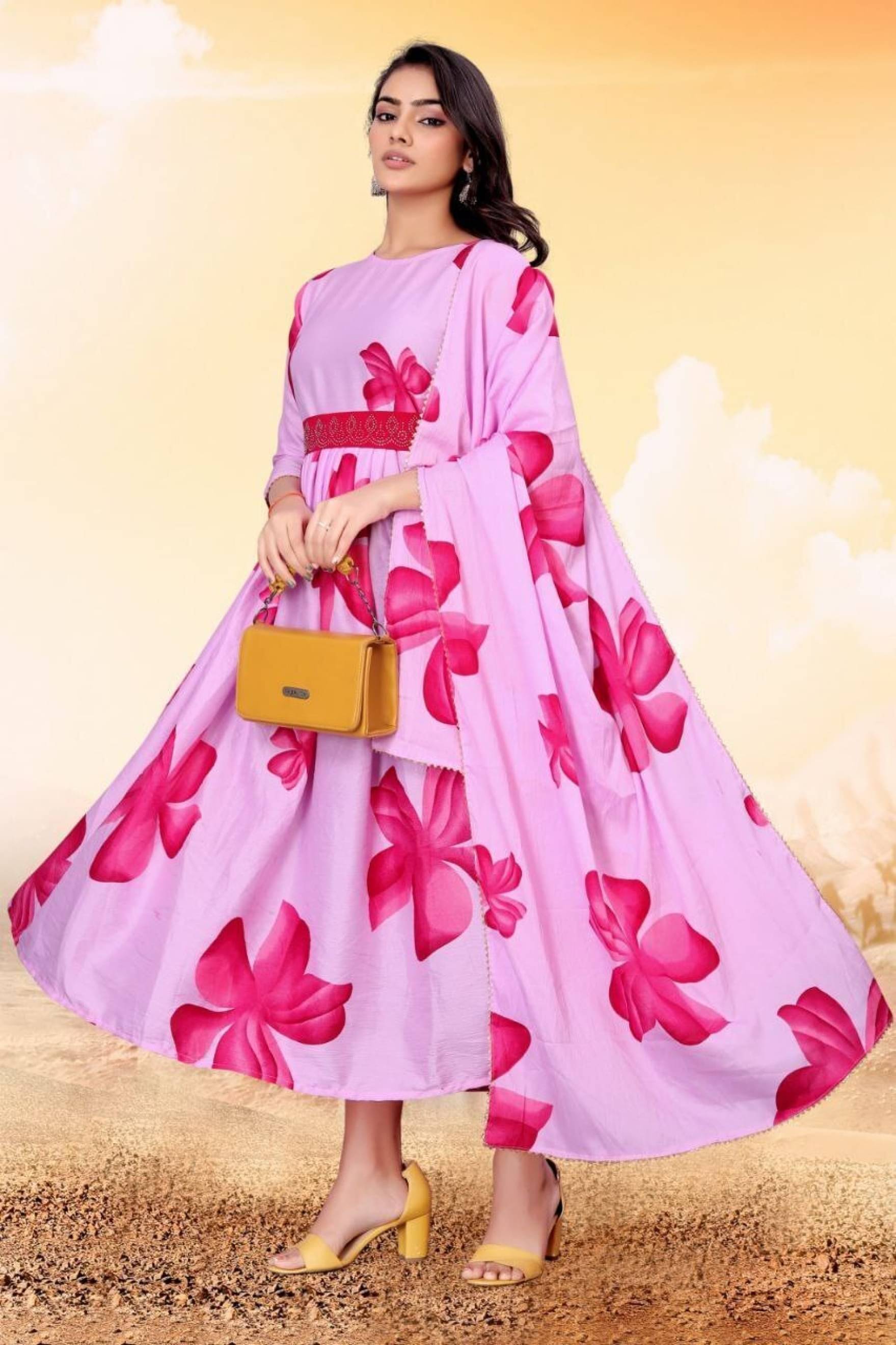     			Femvy Pack of 1 Cotton Blend Printed Flared Women's Kurti with Dupatta - ( Pink )