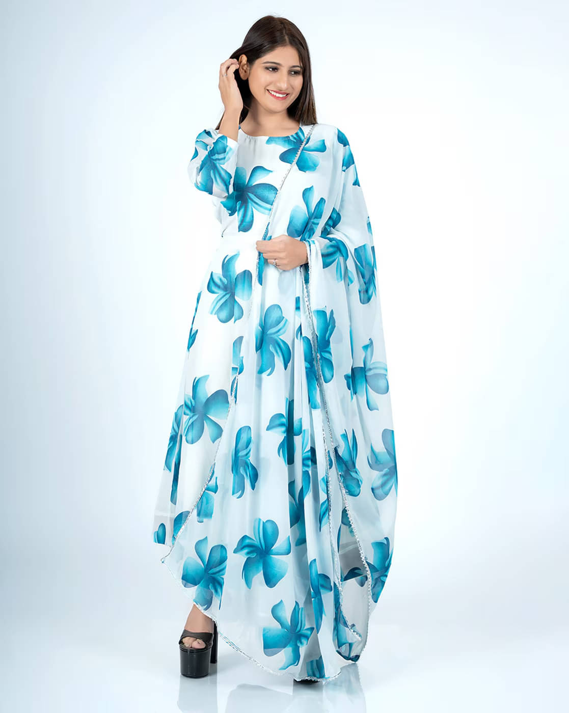 Femvy Pack of 1 Cotton Blend Printed Anarkali Women's Kurti with Dupatta - ( Blue ) Femvy Pack of 1 Cotton Blend Printed Anarkali Women's Kurti with Dupatta - ( Blue )