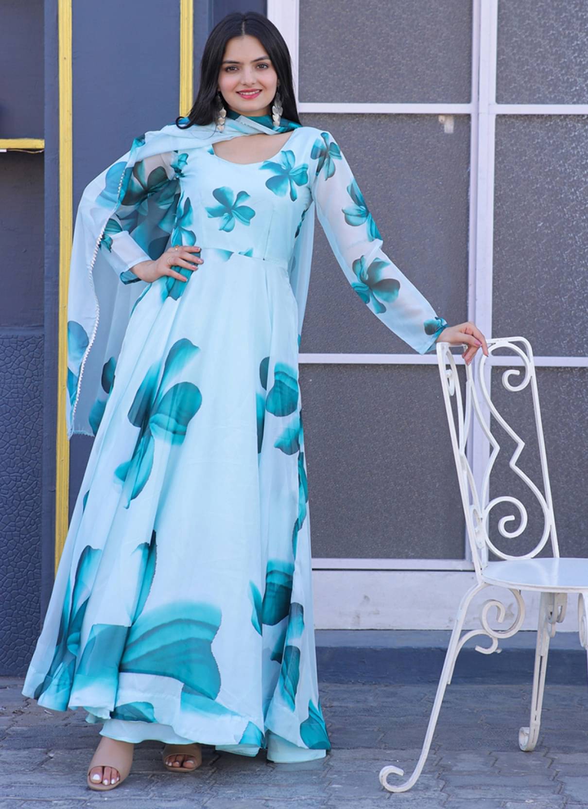     			Femvy Pack of 1 Cotton Blend Printed Anarkali Women's Kurti with Dupatta - ( Blue )