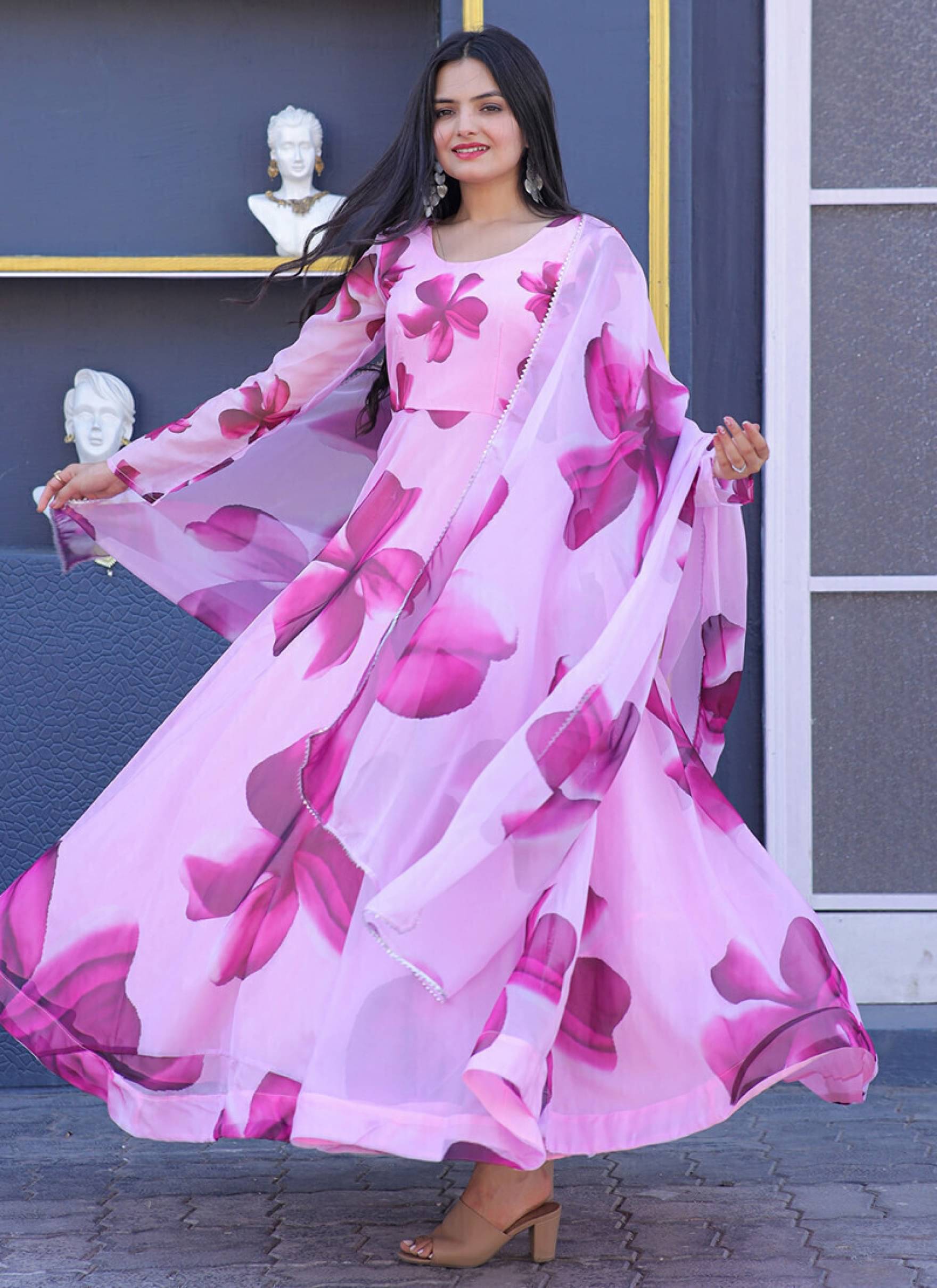 Femvy Pack of 1 Cotton Blend Printed Anarkali Women's Kurti with Dupatta - ( Pink ) Femvy Pack of 1 Cotton Blend Printed Anarkali Women's Kurti with Dupatta - ( Pink )