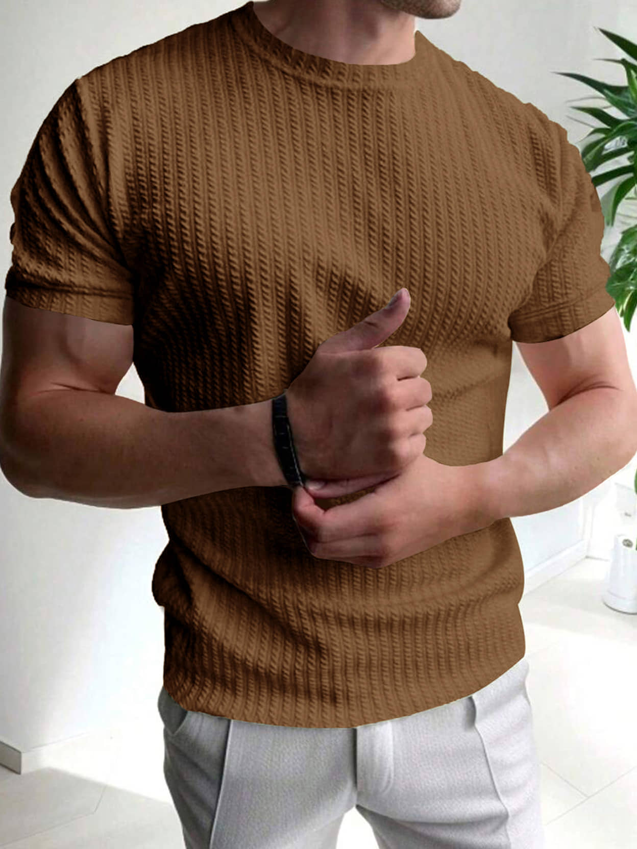Eyebogler Men Cotton Blend Regular Fit Self Design T-Shirt ( Brown )